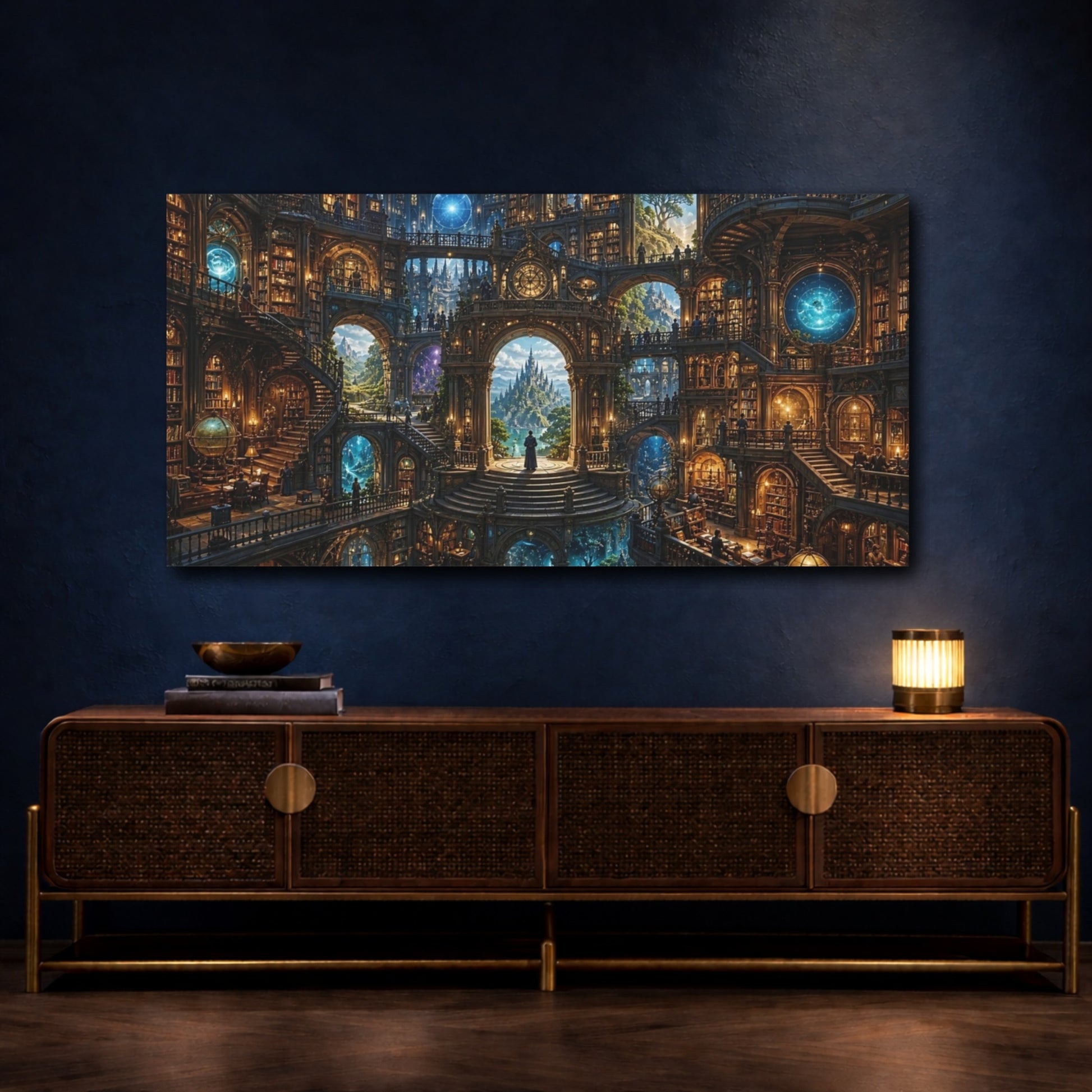 Mockup 3. Fairytale Grand Library Fantasy Library Architecture shown as stretched canvas wall art