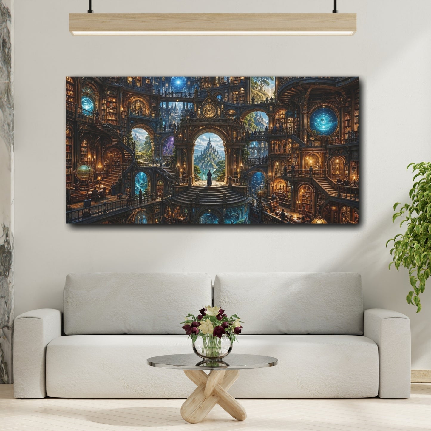 Mockup 4. Fairytale Grand Library Fantasy Library Architecture shown as stretched canvas wall art