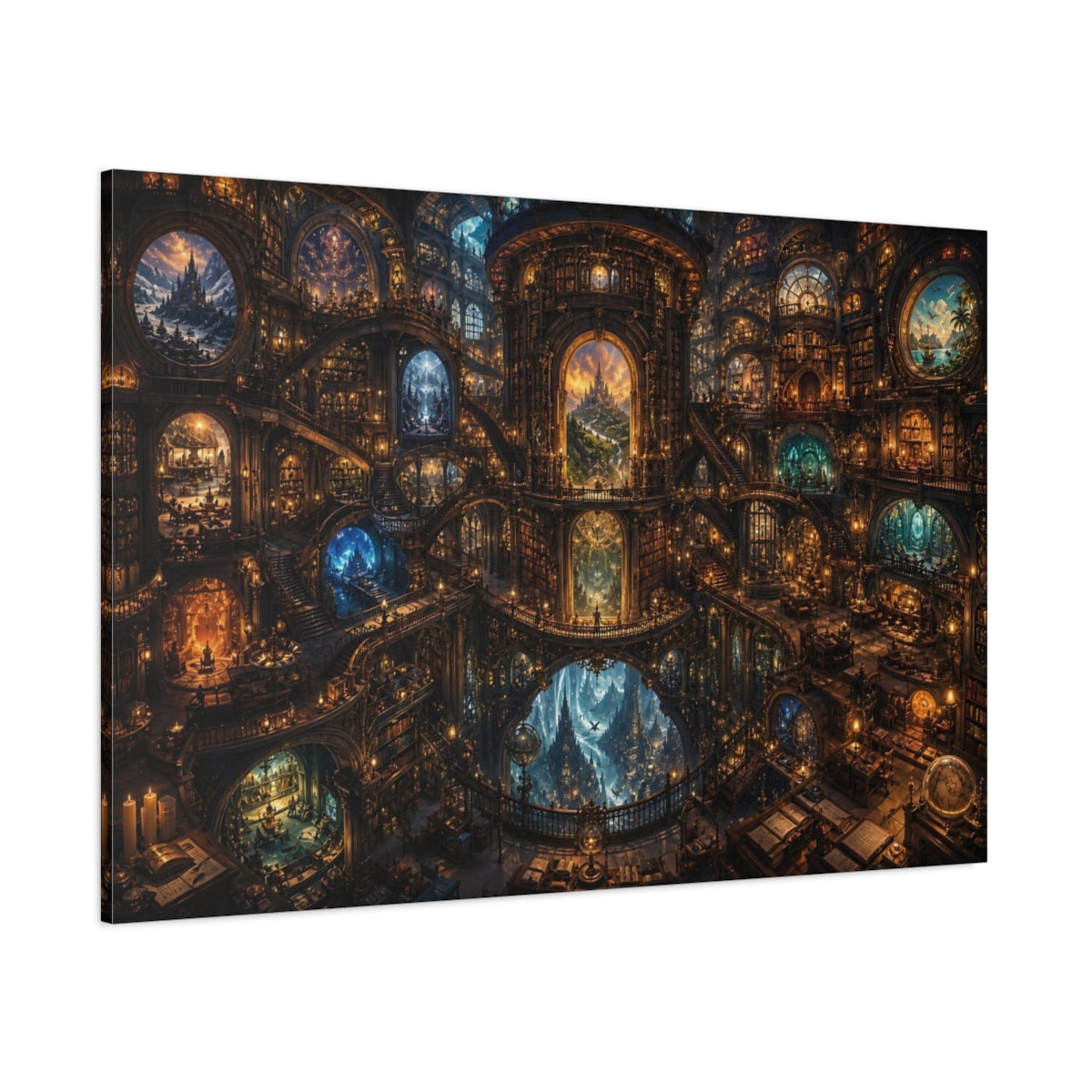 Side Mockup 1. Fairytale Grand Library Warm Golden Library shown as stretched canvas wall art
