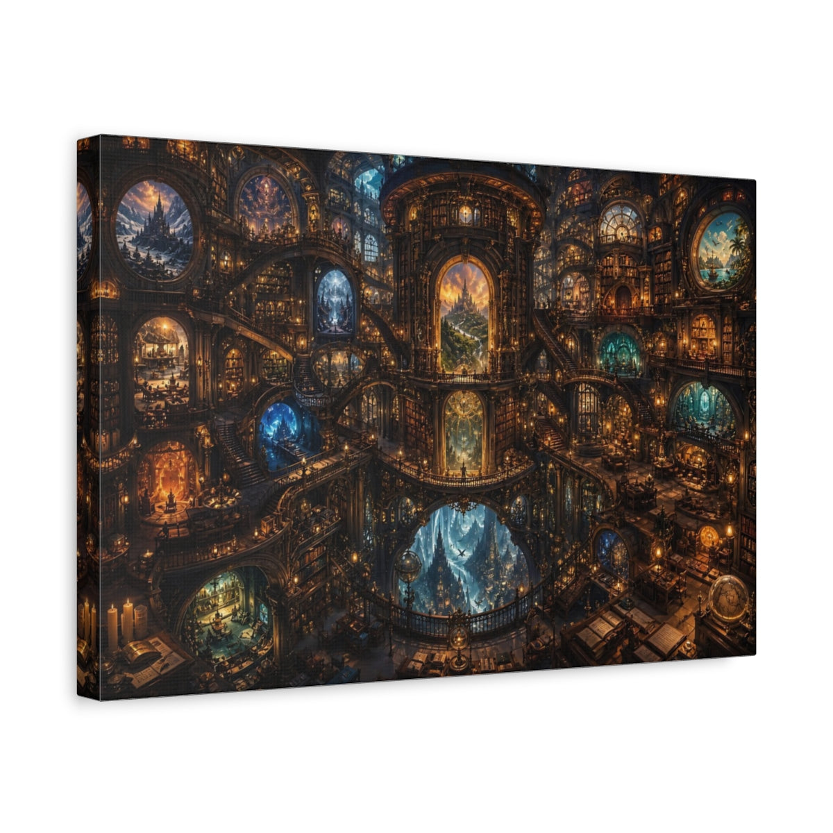 Side Mockup 4. Fairytale Grand Library Warm Golden Library shown as stretched canvas wall art