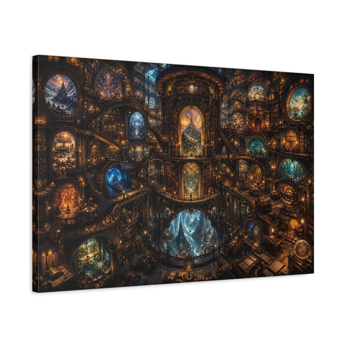 Side Mockup 2. Fairytale Grand Library Warm Golden Library shown as stretched canvas wall art
