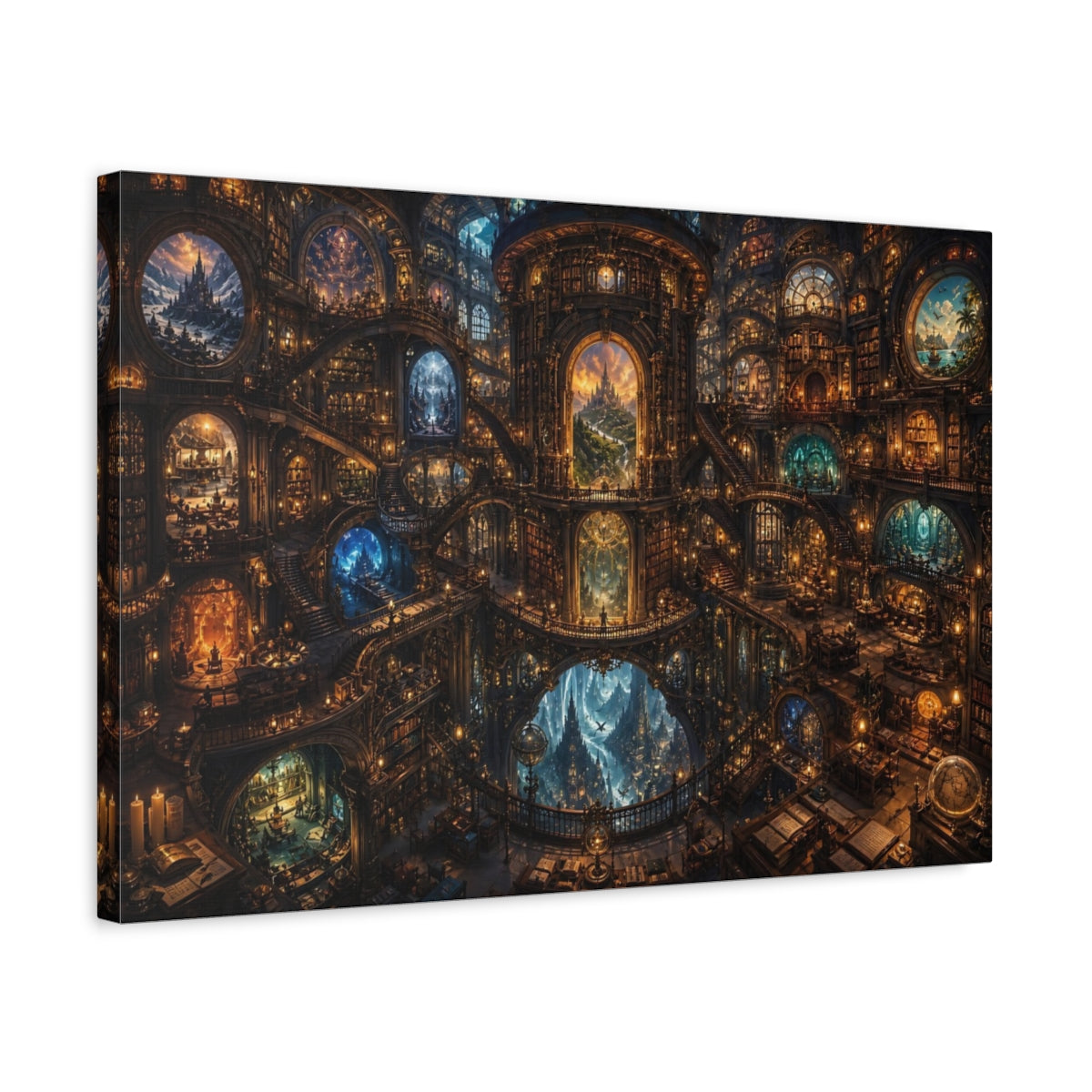 Side Mockup 3. Fairytale Grand Library Warm Golden Library shown as stretched canvas wall art