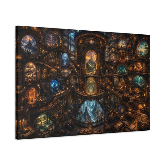 Main Mockup. Fairytale Grand Library Warm Golden Library shown as stretched canvas wall art