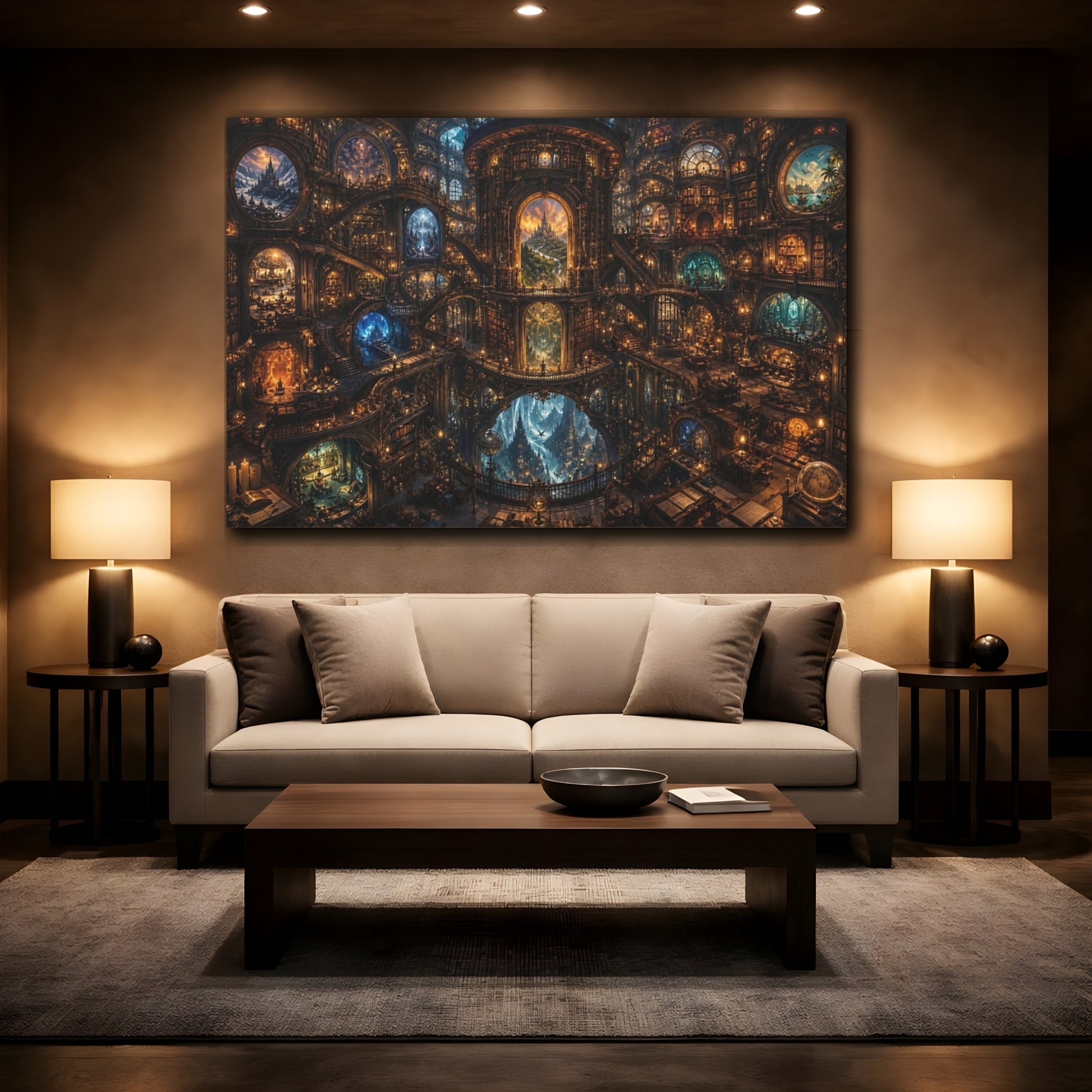Mockup 2. Fairytale Grand Library Warm Golden Library shown as stretched canvas wall art