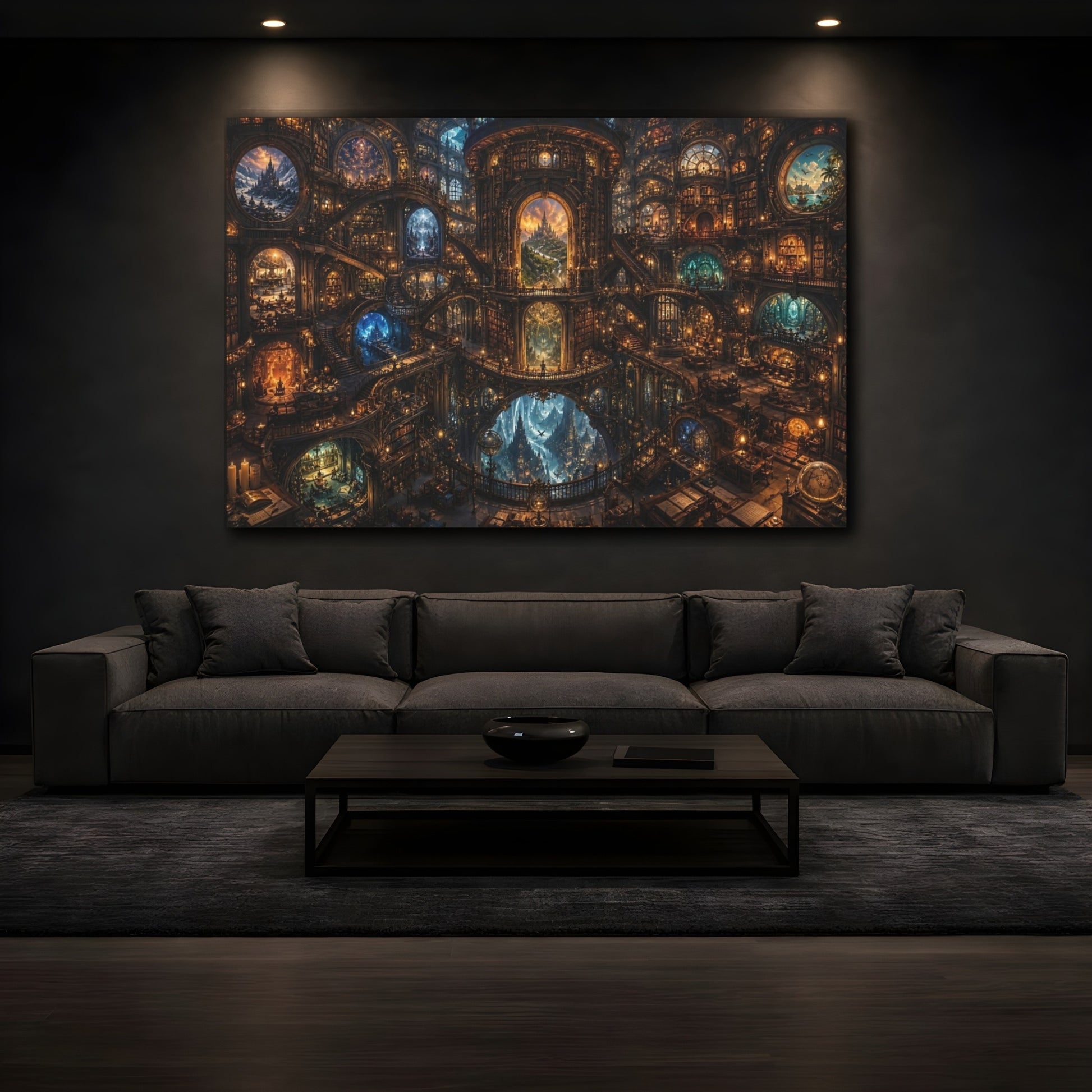 Mockup 3. Fairytale Grand Library Warm Golden Library shown as stretched canvas wall art