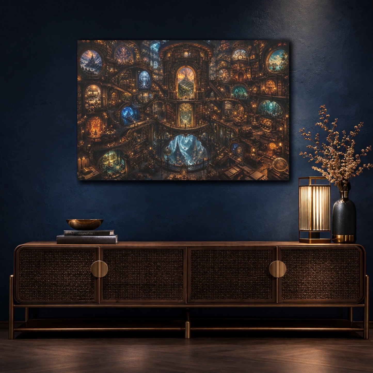 Mockup 4. Fairytale Grand Library Warm Golden Library shown as stretched canvas wall art