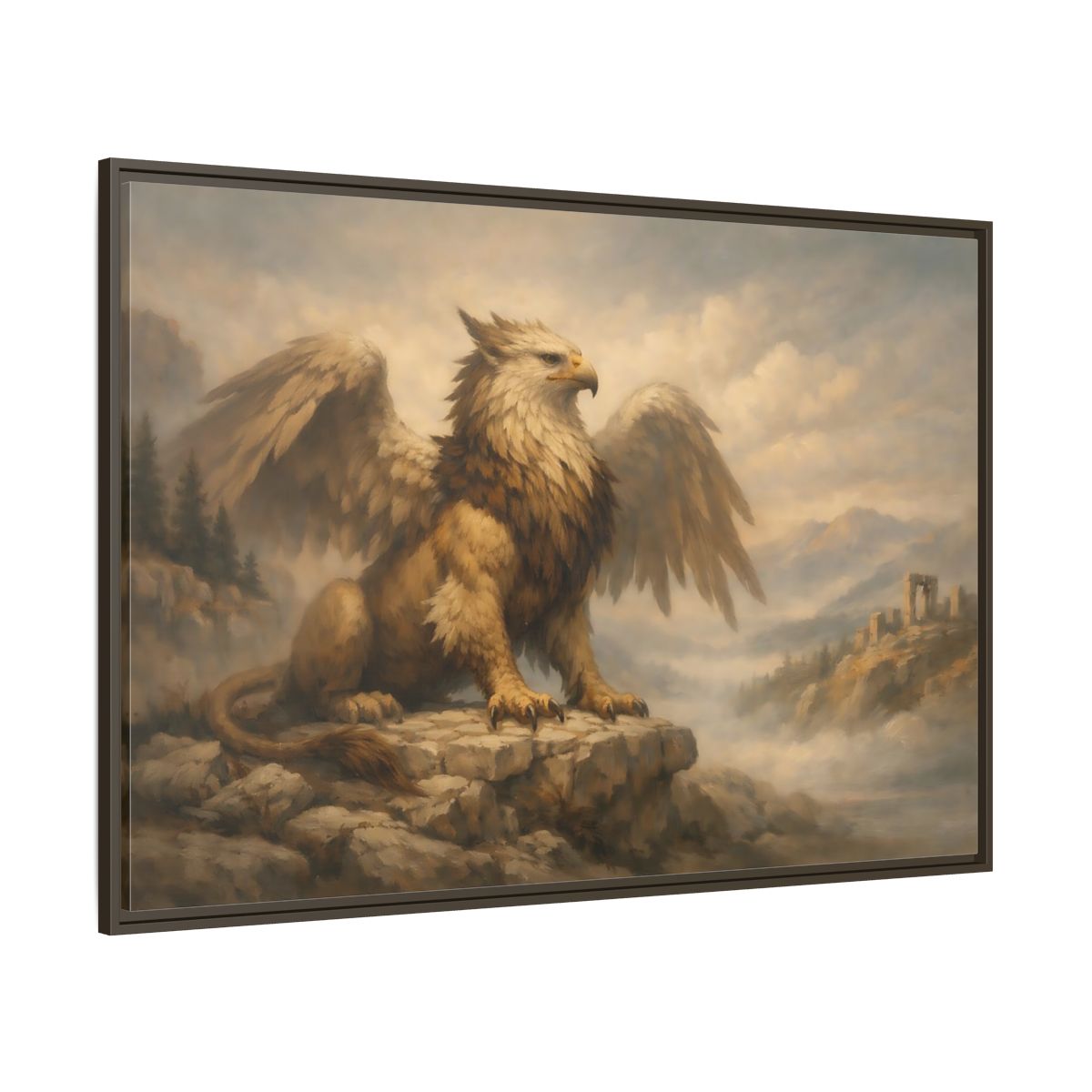 Main Mockup. Fairytale Griffin Brown And Gold shown as stretched canvas wall art