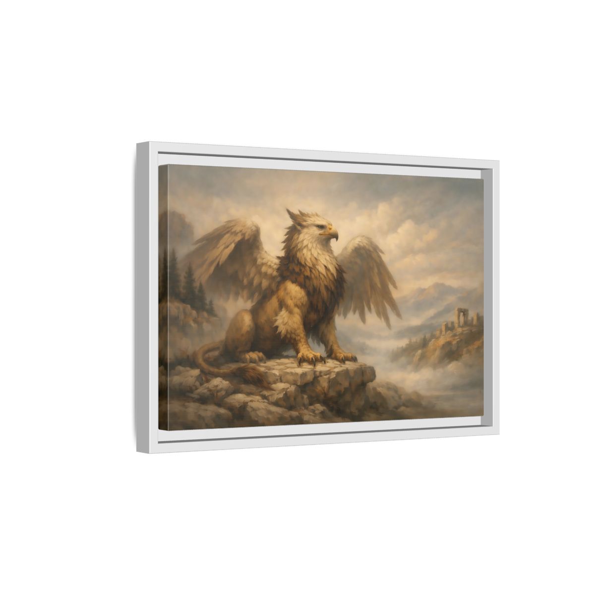 Side Mockup 4. Fairytale Griffin Brown And Gold shown as stretched canvas wall art