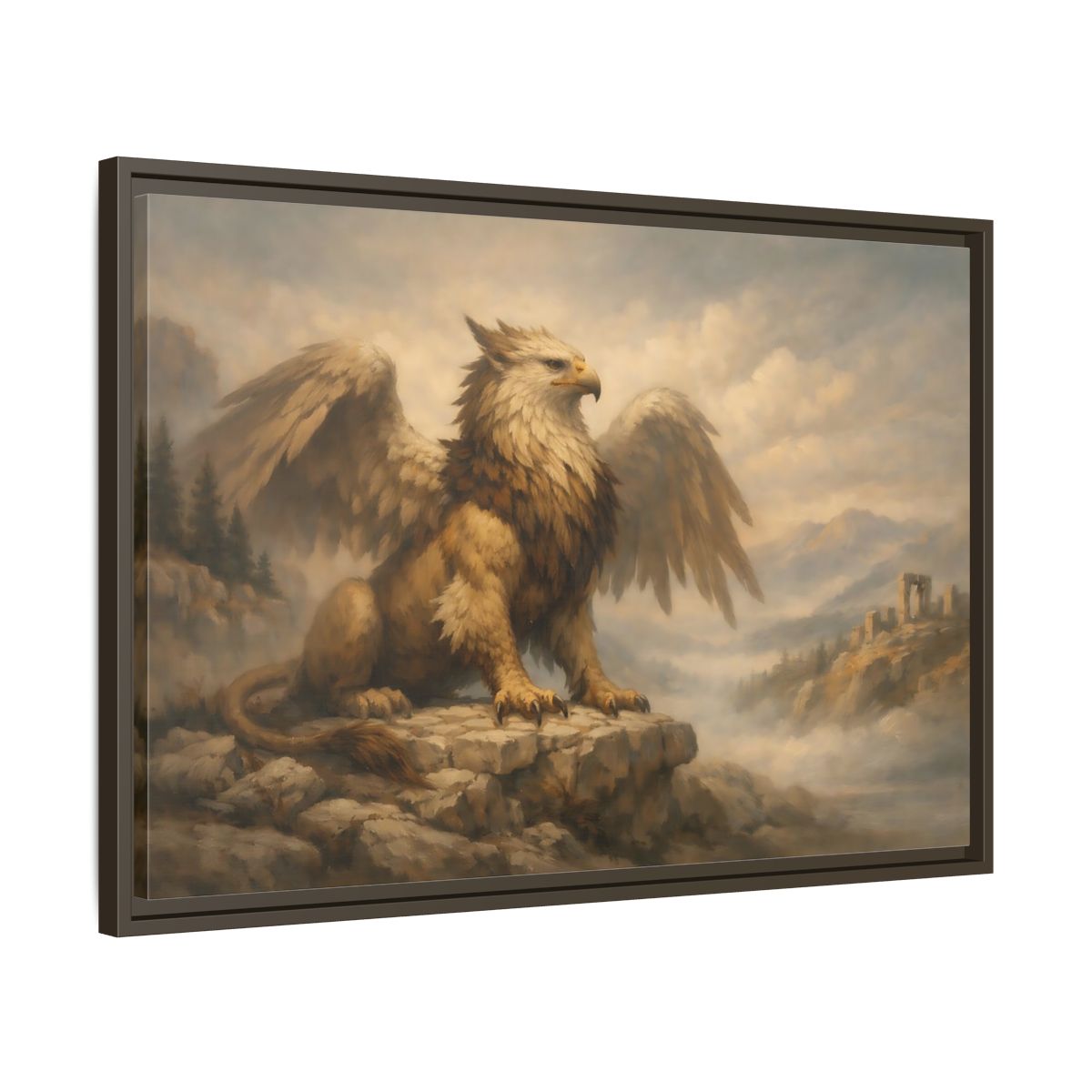 Side Mockup 11. Fairytale Griffin Brown And Gold shown as stretched canvas wall art