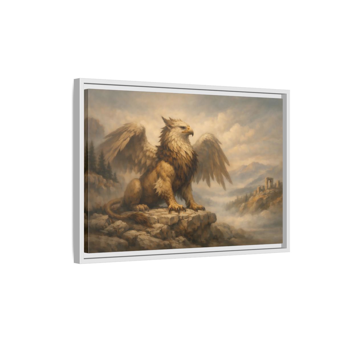 Side Mockup 1. Fairytale Griffin Brown And Gold shown as stretched canvas wall art