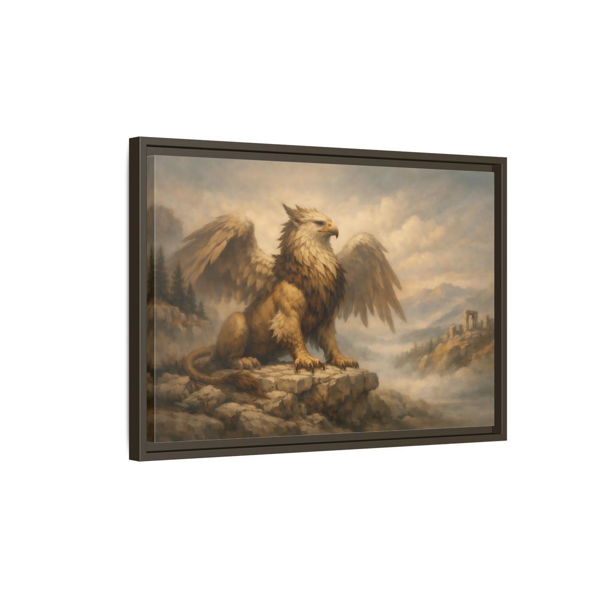 Side Mockup 2. Fairytale Griffin Brown And Gold shown as stretched canvas wall art