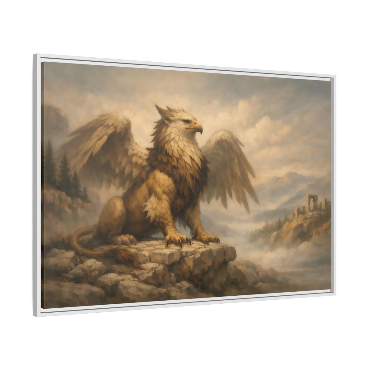 Side Mockup 7. Fairytale Griffin Brown And Gold shown as stretched canvas wall art