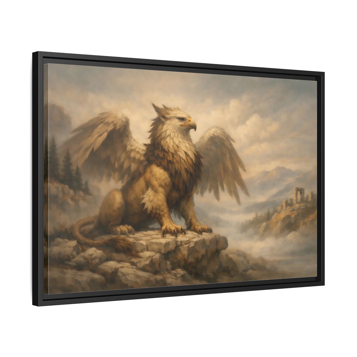 Side Mockup 14. Fairytale Griffin Brown And Gold shown as stretched canvas wall art