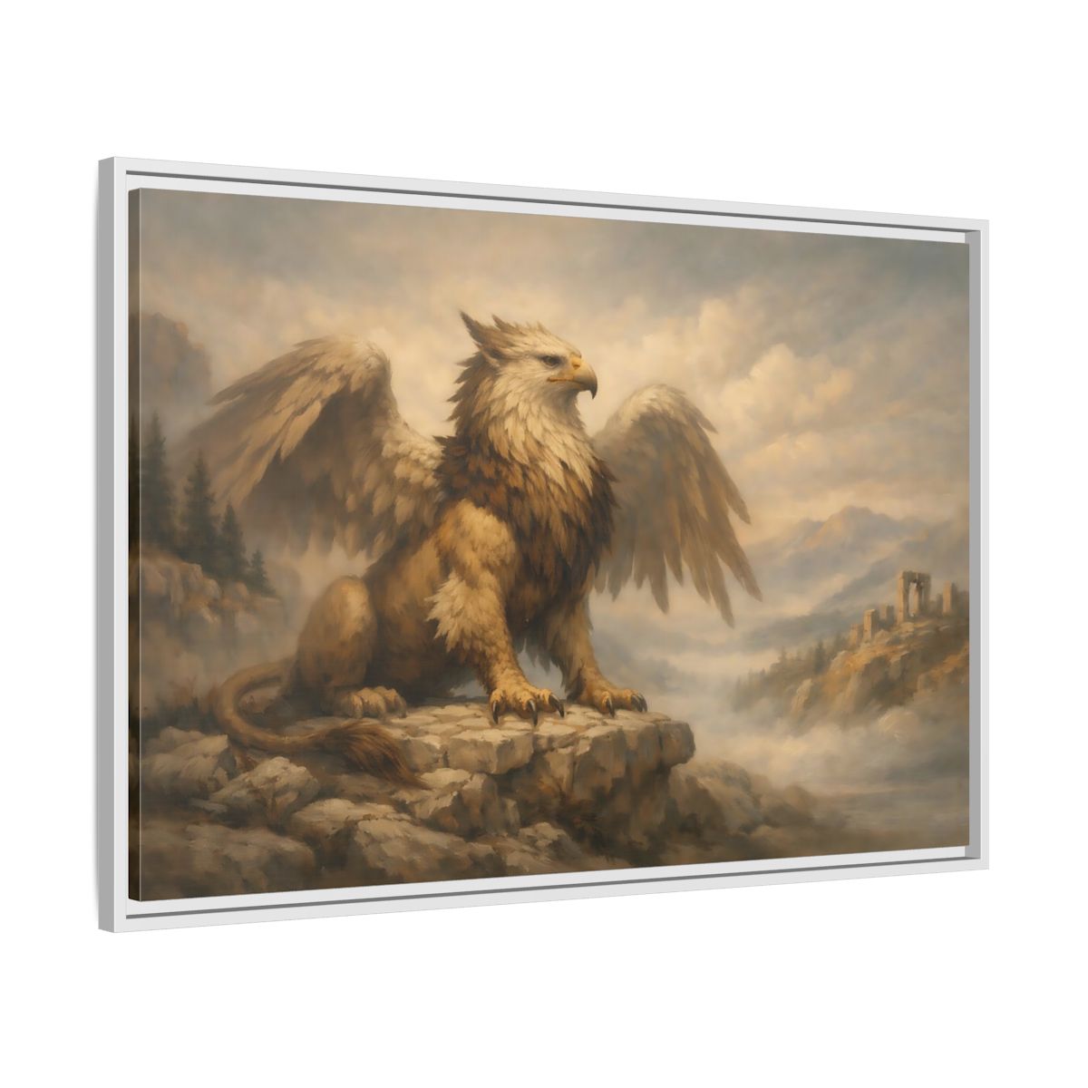 Side Mockup 8. Fairytale Griffin Brown And Gold shown as stretched canvas wall art