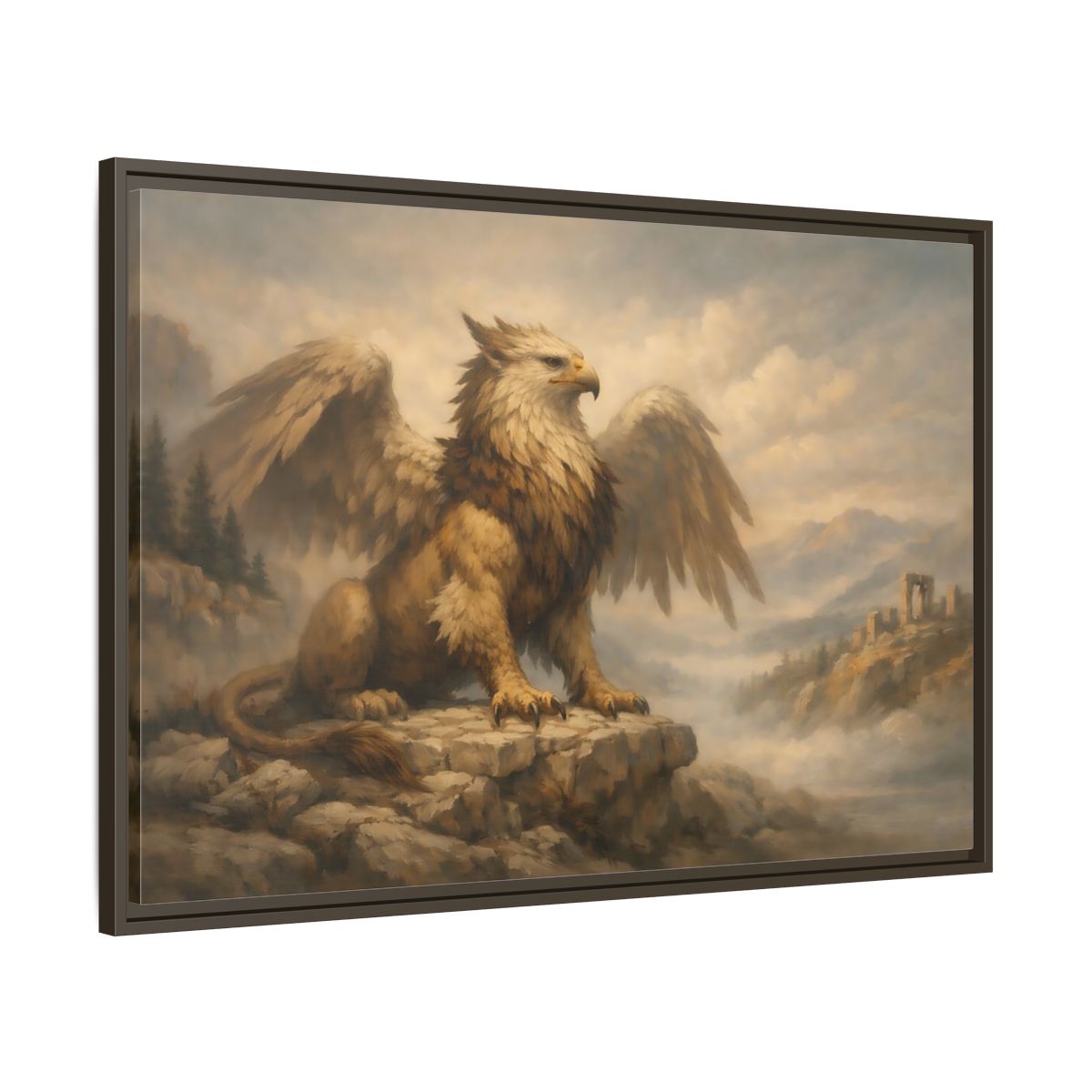 Side Mockup 9. Fairytale Griffin Brown And Gold shown as stretched canvas wall art