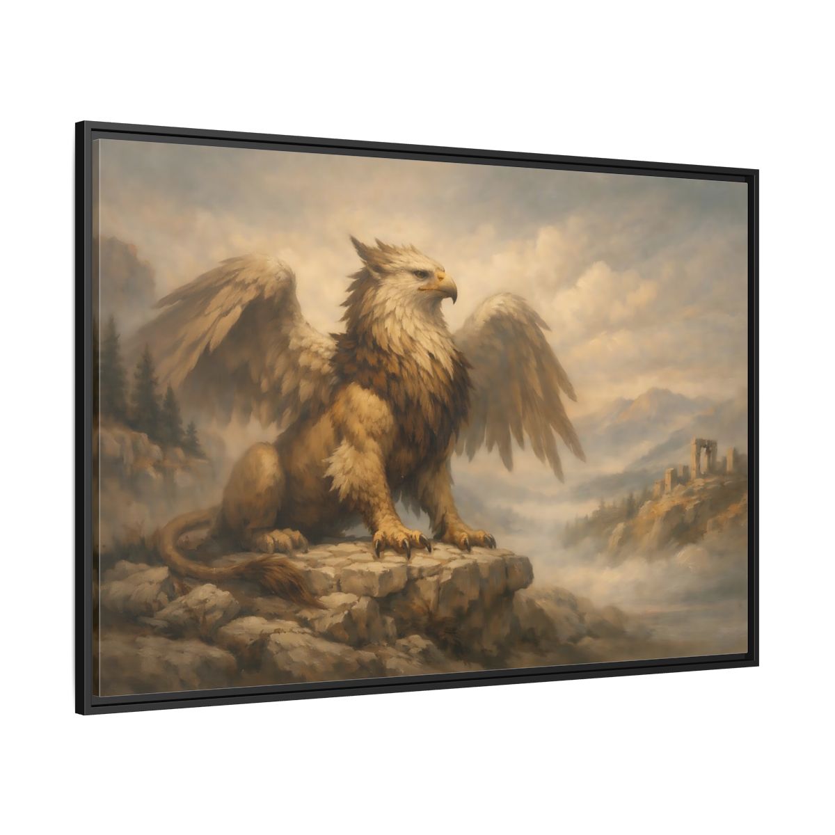 Side Mockup 12. Fairytale Griffin Brown And Gold shown as stretched canvas wall art