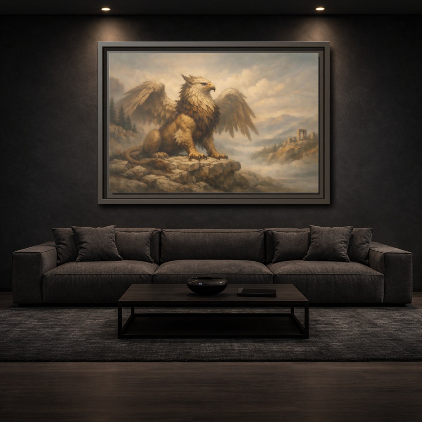 Mockup 2. Fairytale Griffin Brown And Gold shown as stretched canvas wall art