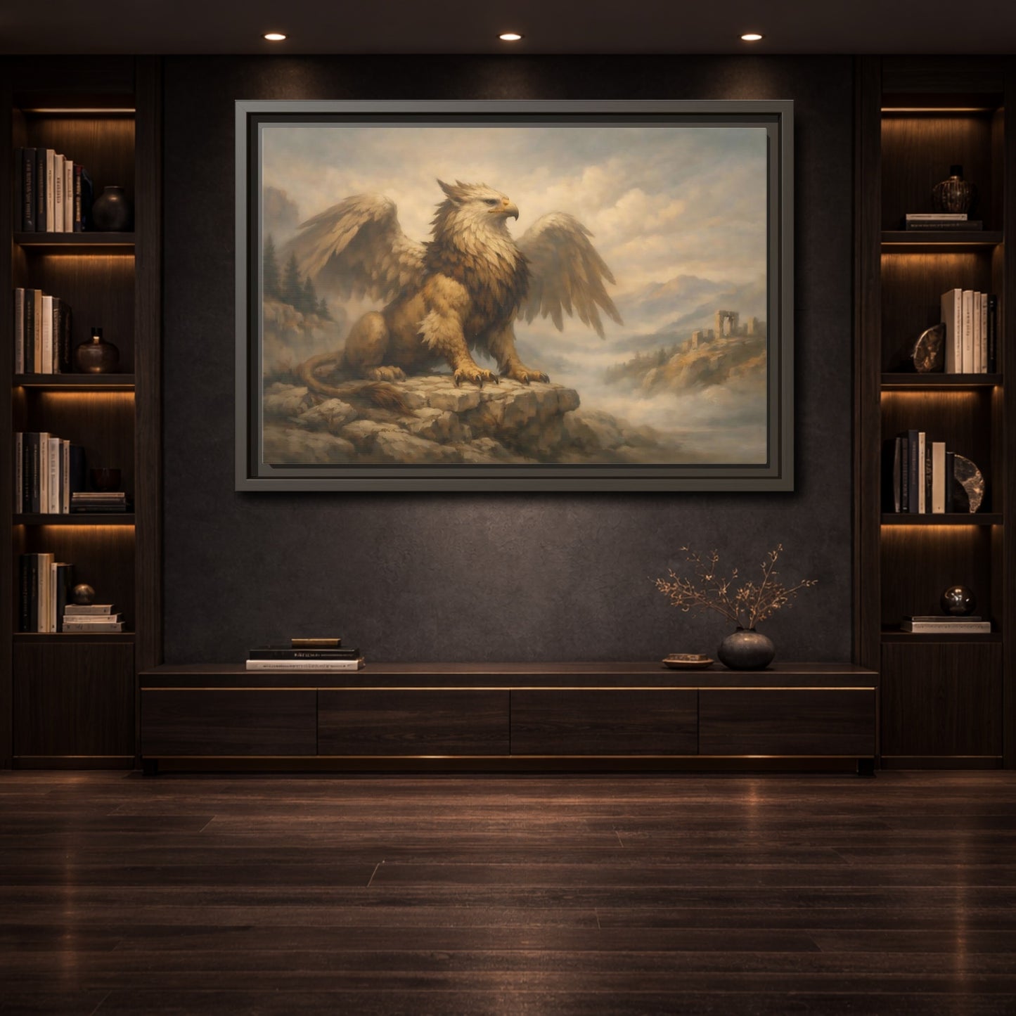 Mockup 3. Fairytale Griffin Brown And Gold shown as stretched canvas wall art