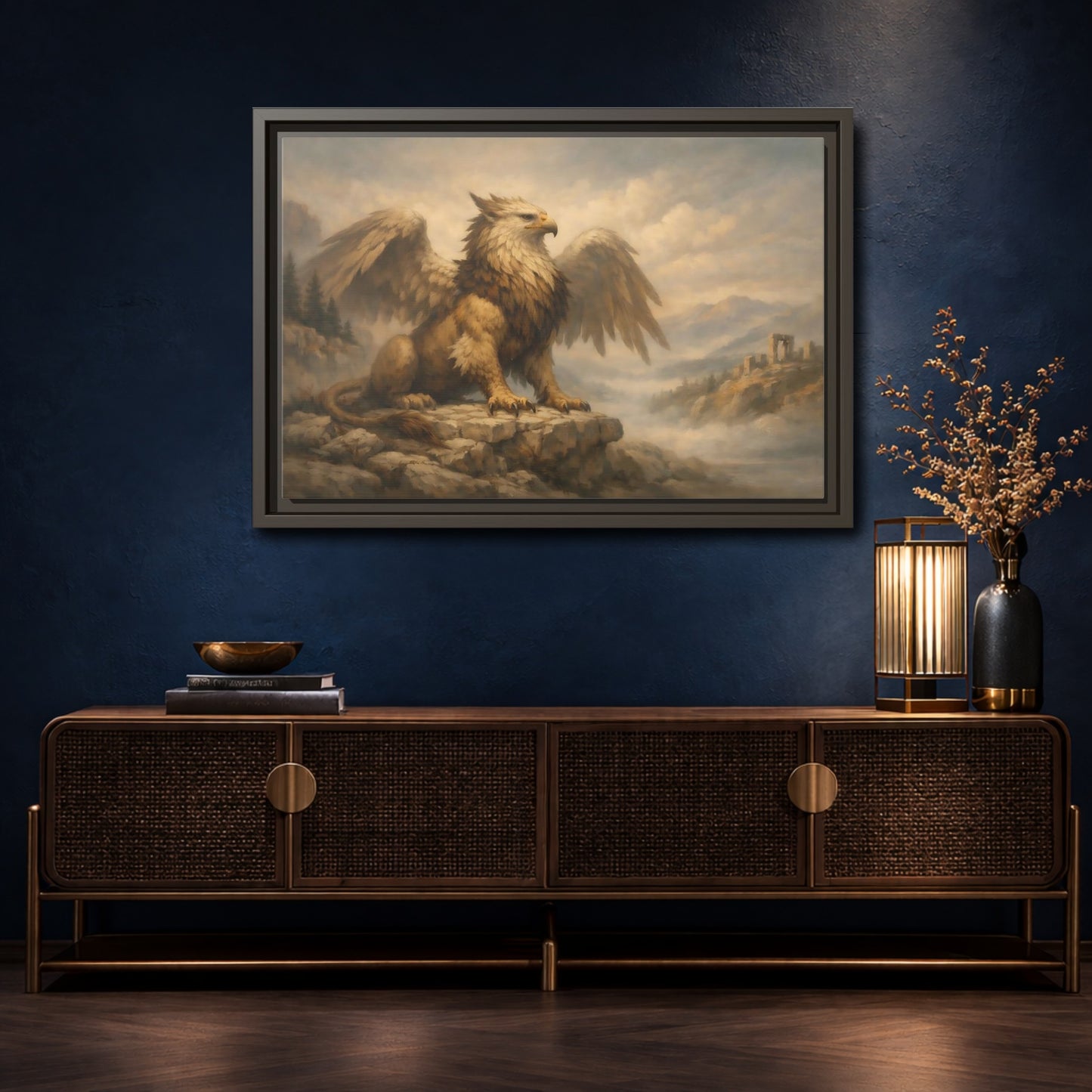 Mockup 4. Fairytale Griffin Brown And Gold shown as stretched canvas wall art