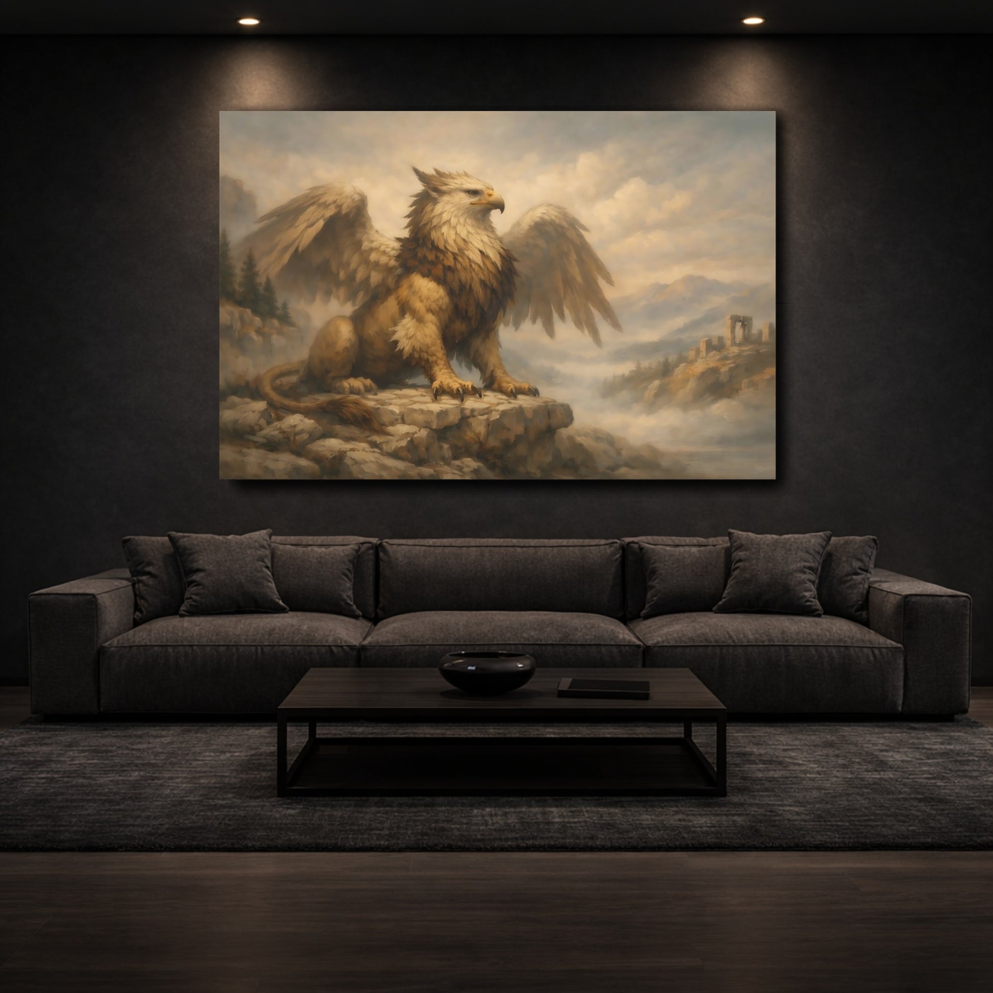 Mockup 2. Fairytale Griffin Griffin Landscape shown as stretched canvas wall art