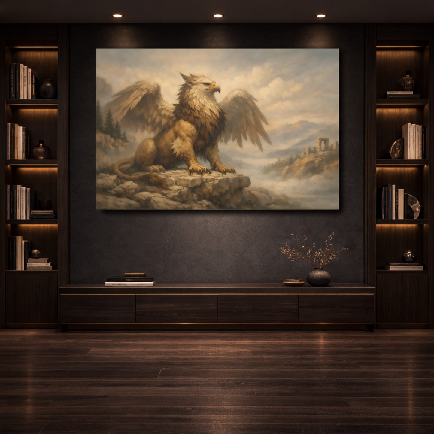 Mockup 3. Fairytale Griffin Griffin Landscape shown as stretched canvas wall art