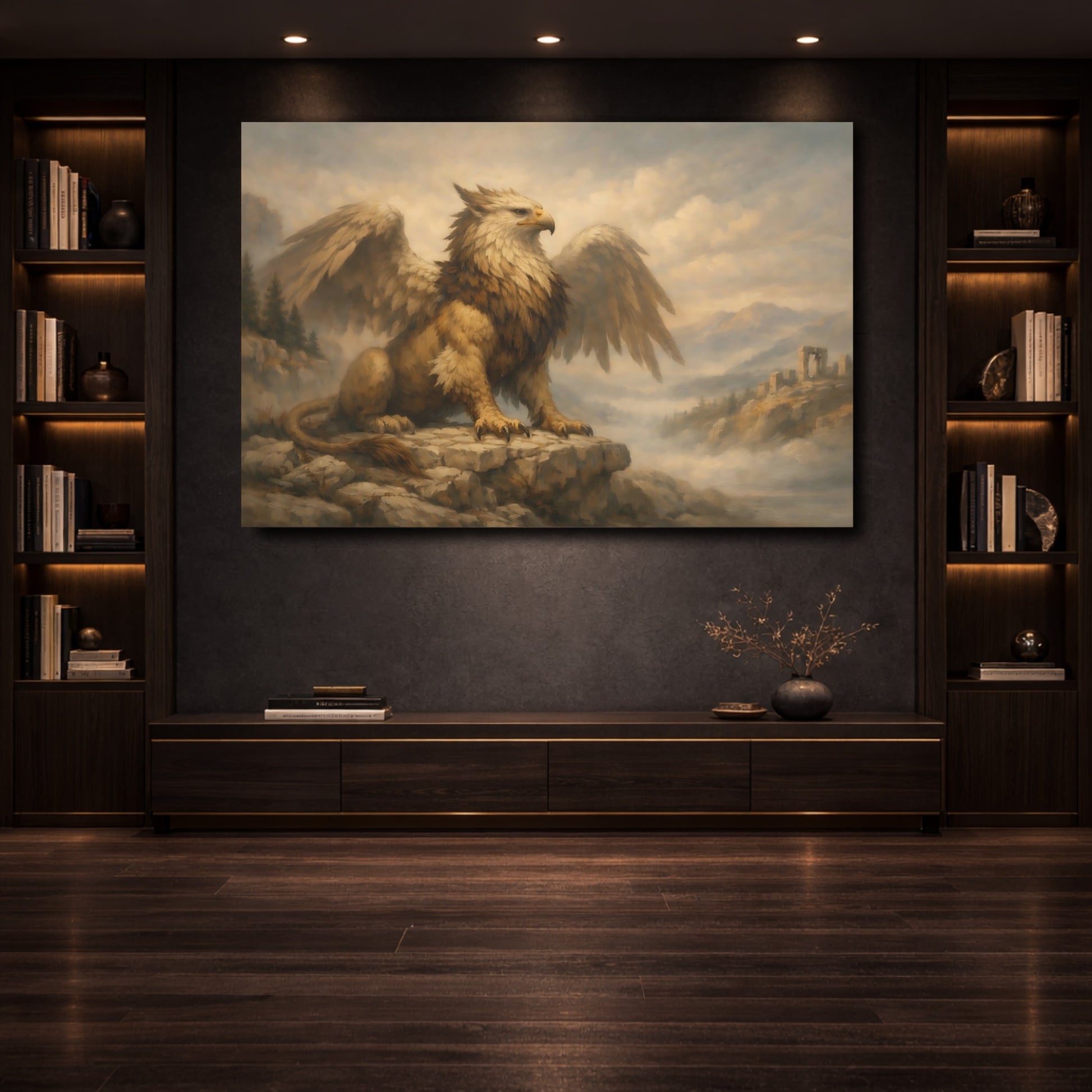Mockup 3. Fairytale Griffin Griffin Landscape shown as stretched canvas wall art