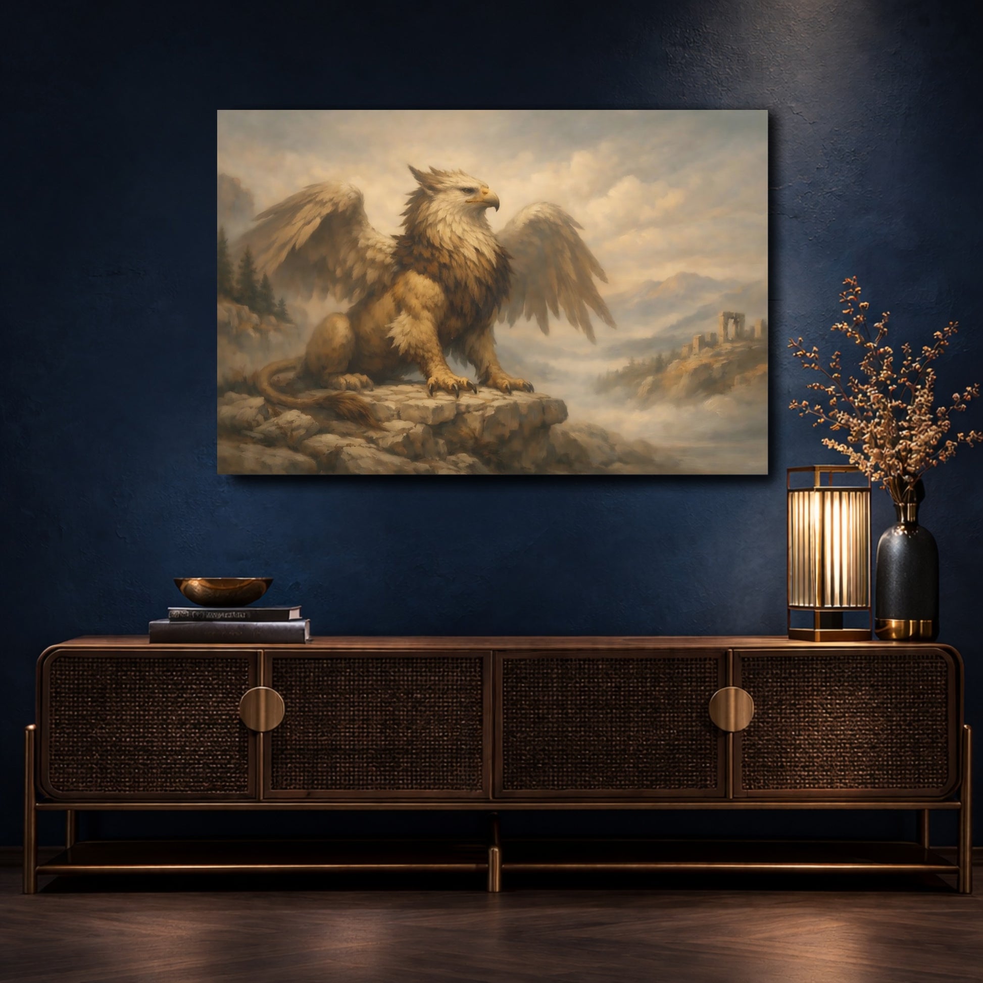 Mockup 4. Fairytale Griffin Griffin Landscape shown as stretched canvas wall art