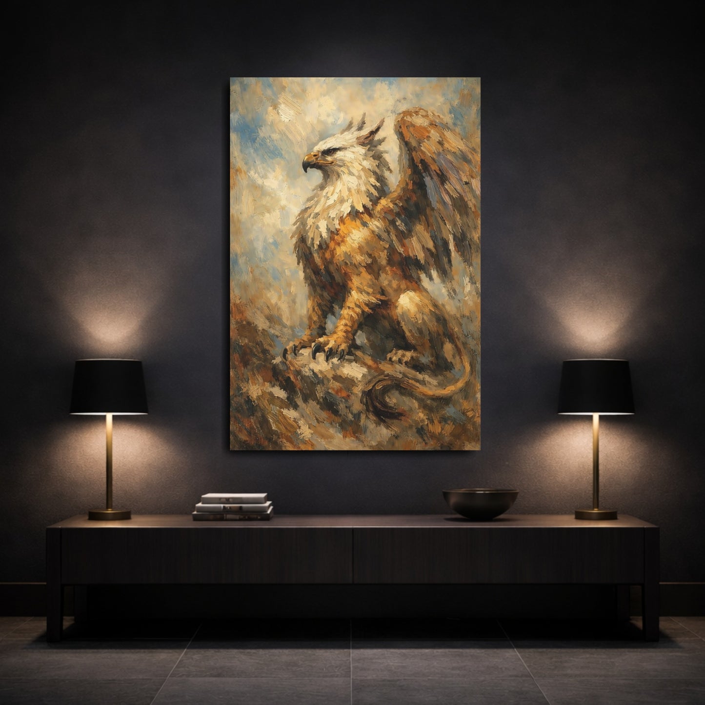 Mockup 2. Fairytale Griffin Griffin Painting shown as stretched canvas wall art