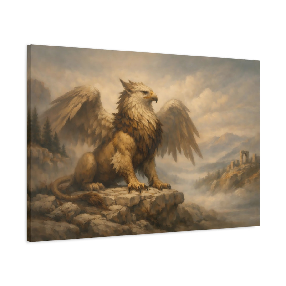 Side Mockup 1. Fairytale Griffin Griffin Landscape shown as stretched canvas wall art