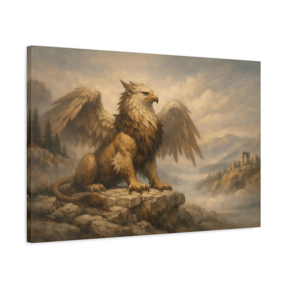 Side Mockup 2. Fairytale Griffin Griffin Landscape shown as stretched canvas wall art