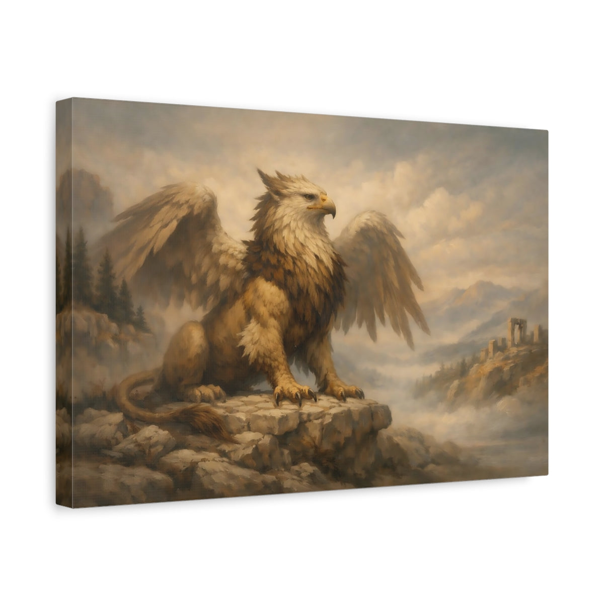 Side Mockup 4. Fairytale Griffin Griffin Landscape shown as stretched canvas wall art