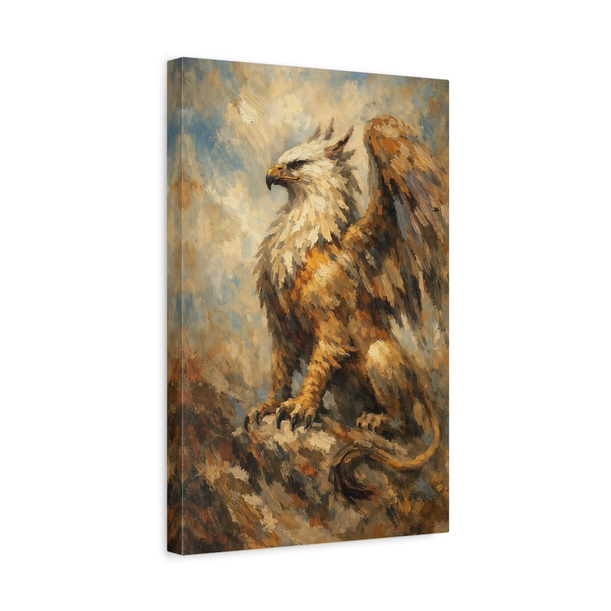 Side Mockup 4. Fairytale Griffin Griffin Painting shown as stretched canvas wall art