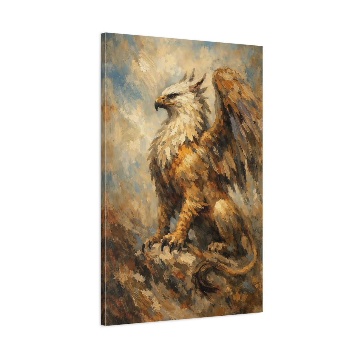 Side Mockup 1. Fairytale Griffin Griffin Painting shown as stretched canvas wall art