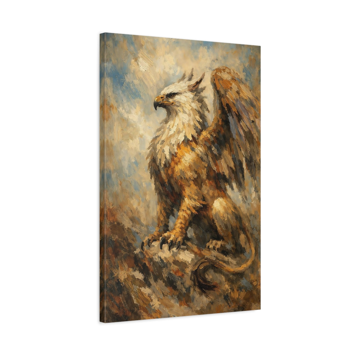 Side Mockup 2. Fairytale Griffin Griffin Painting shown as stretched canvas wall art