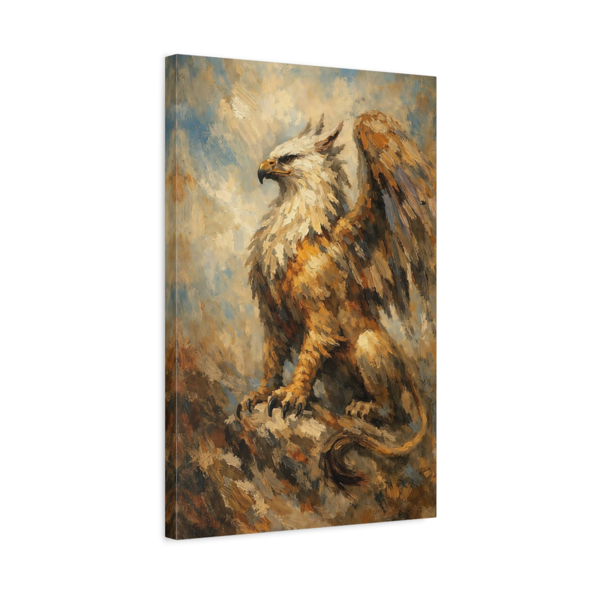 Side Mockup 3. Fairytale Griffin Griffin Painting shown as stretched canvas wall art
