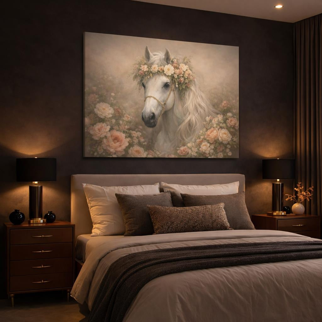 Fairytale Horse Pastel Floral Horse shown as canvas wall art in a luxury bedroom
