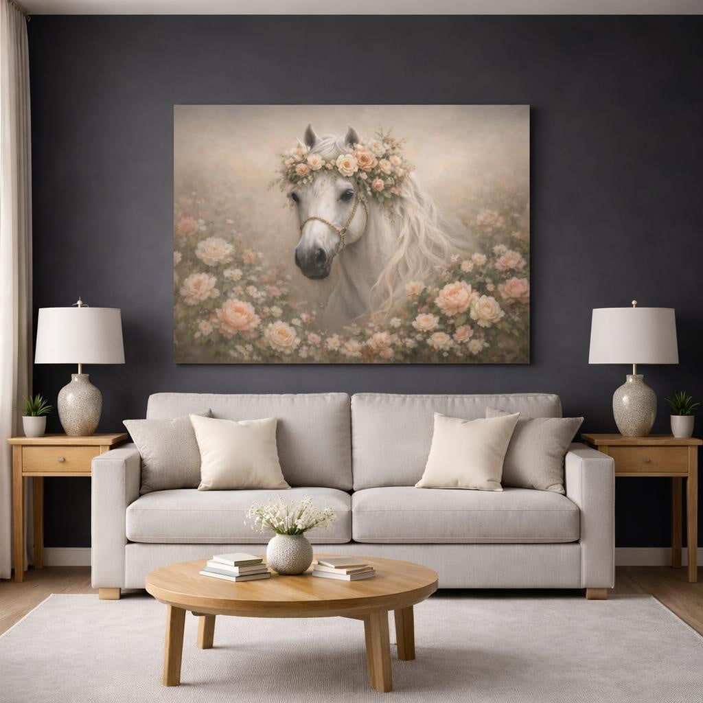 Fairytale Horse Pastel Floral Horse shown as canvas wall art in a modern living room