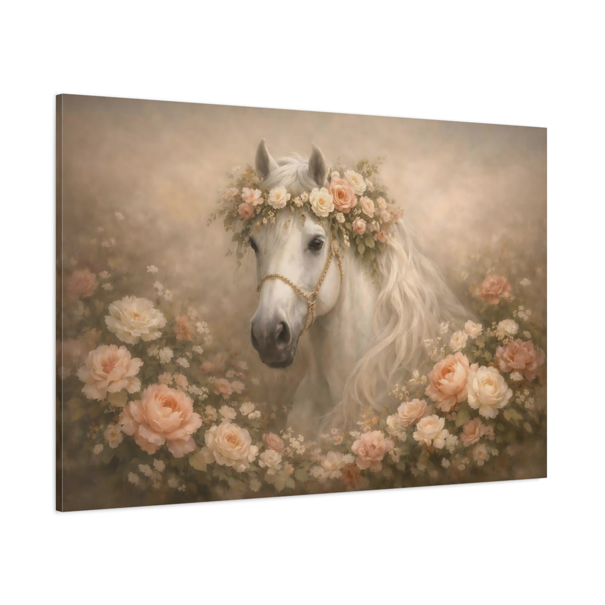 Fairytale Horse Pastel Floral Horse shown as stretched canvas wall art