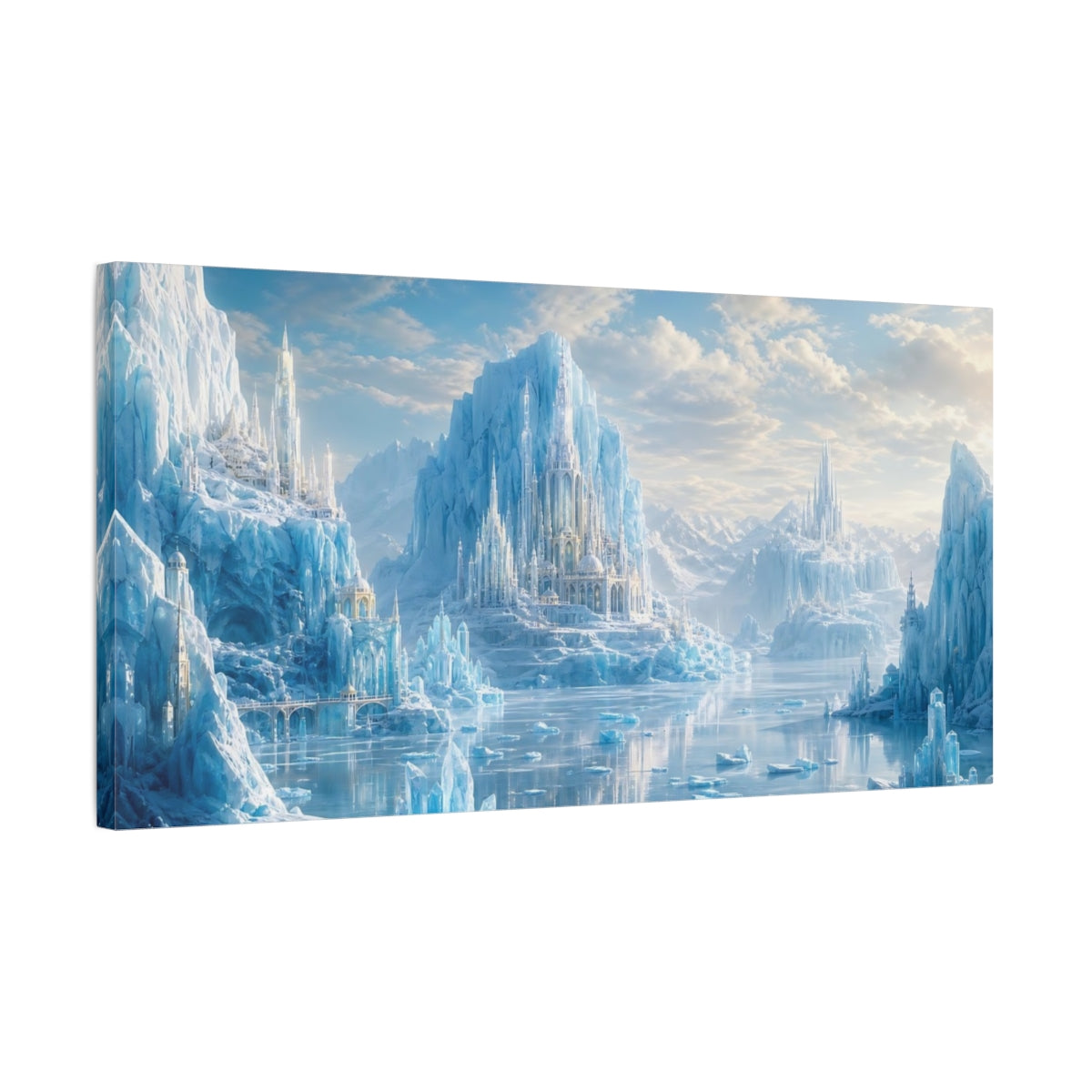 Side Mockup 1. Fairytale Ice Castle Blue Ice Fantasy shown as stretched canvas wall art