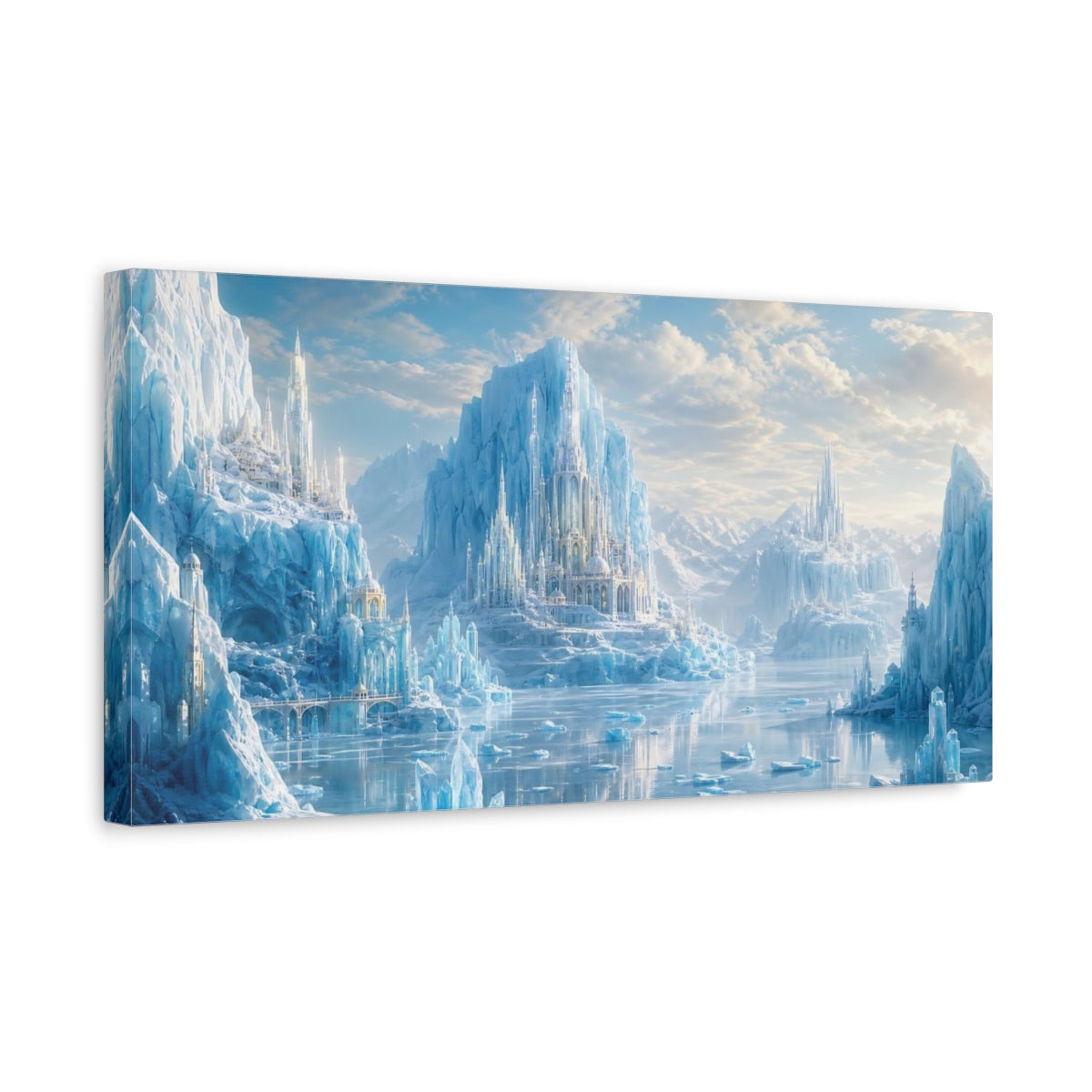 Side Mockup 3. Fairytale Ice Castle Blue Ice Fantasy shown as stretched canvas wall art