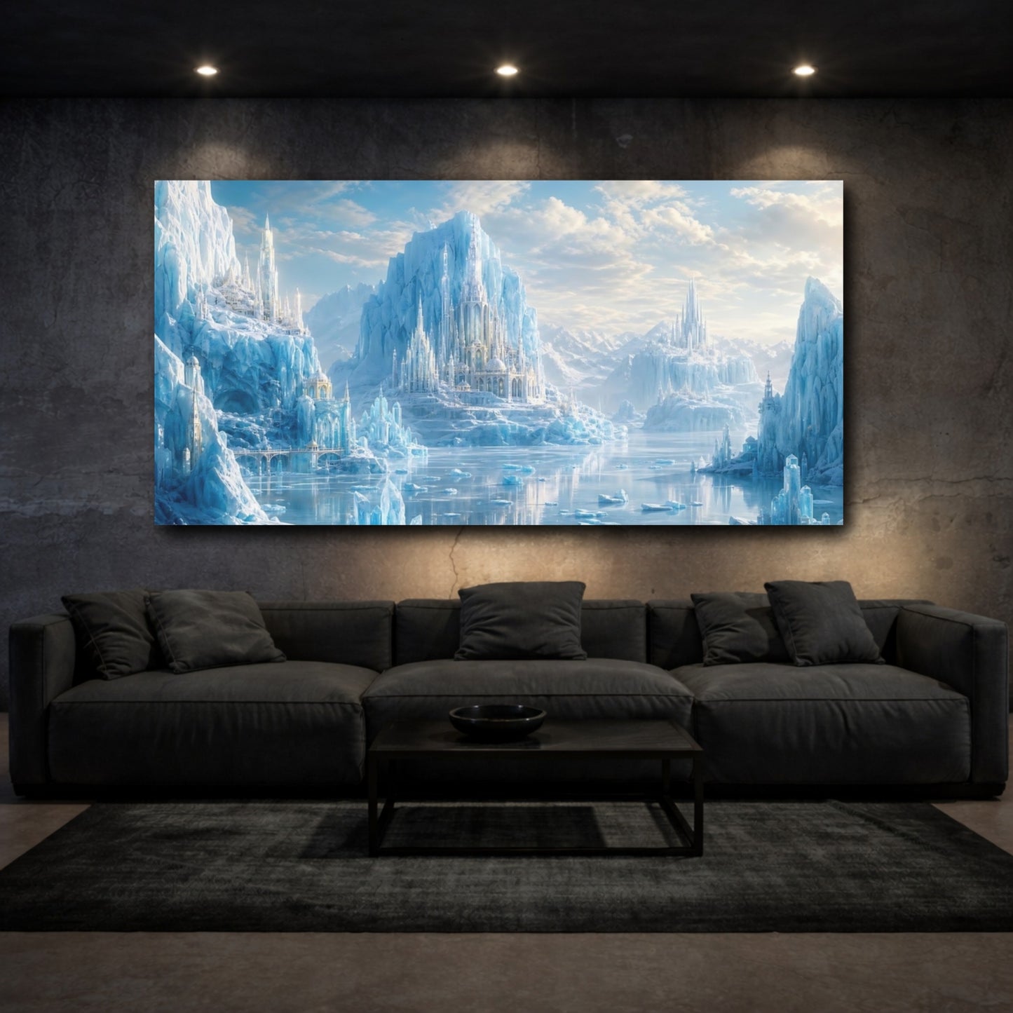 Mockup 2. Fairytale Ice Castle Blue Ice Fantasy shown as stretched canvas wall art