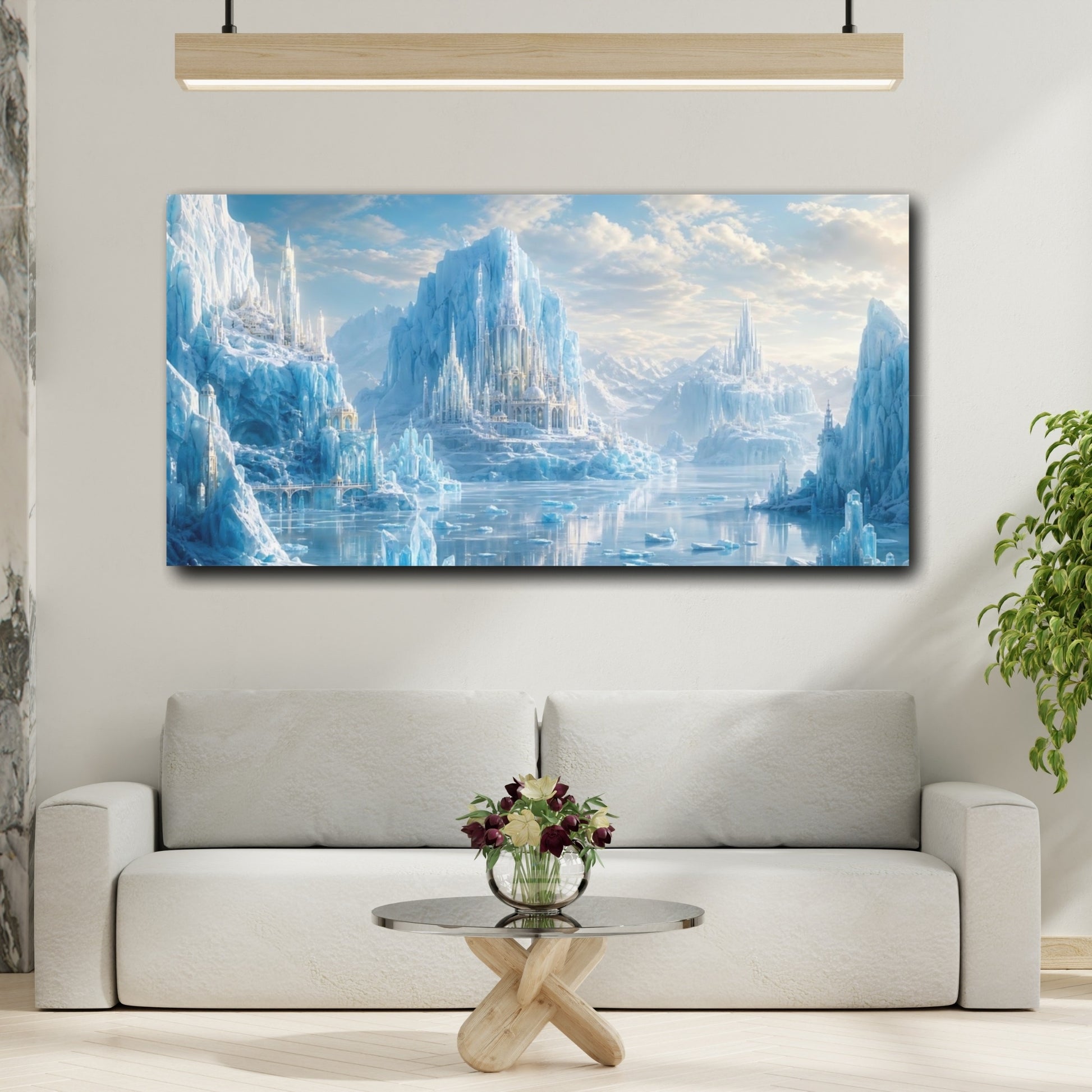 Mockup 3. Fairytale Ice Castle Blue Ice Fantasy shown as stretched canvas wall art