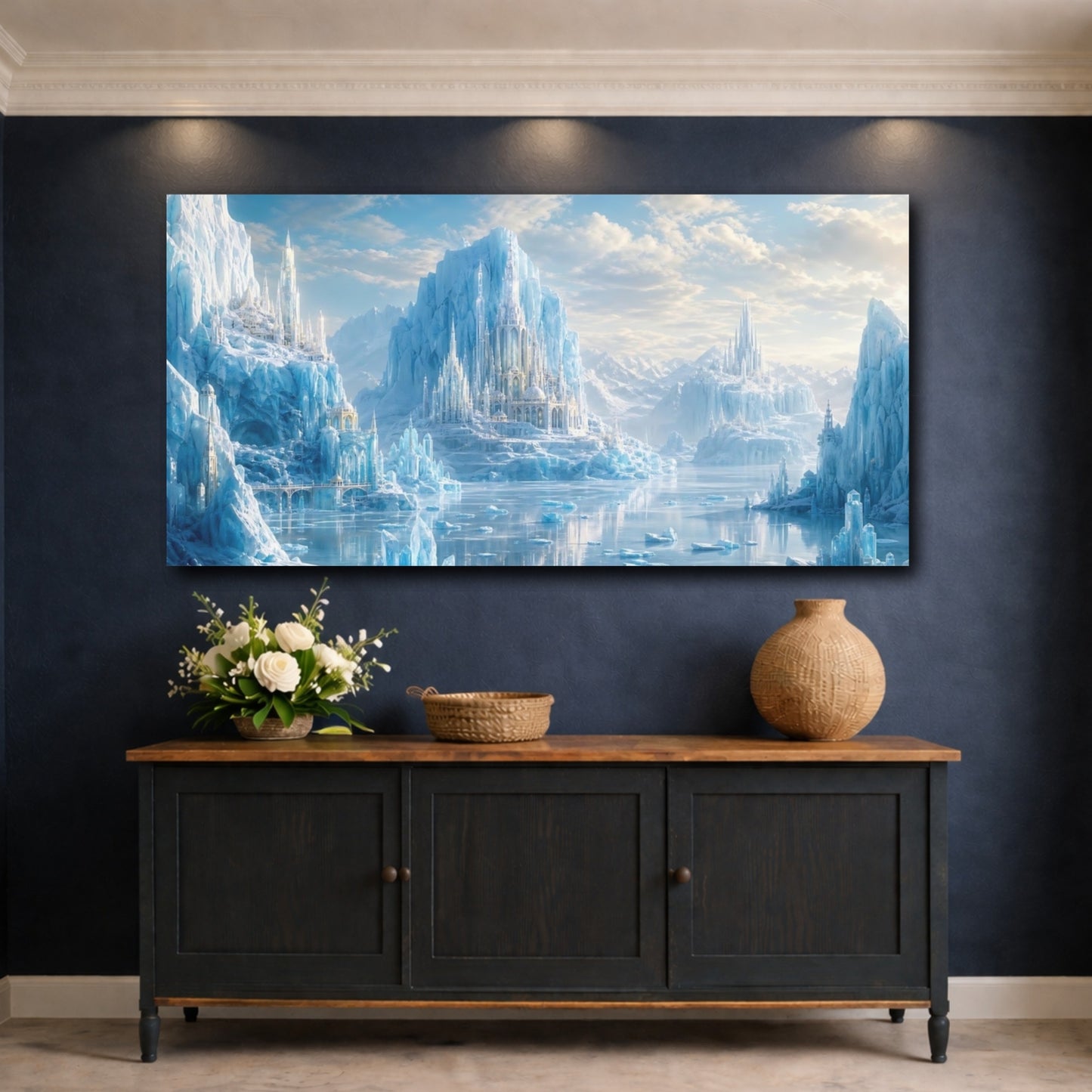 Mockup 4. Fairytale Ice Castle Blue Ice Fantasy shown as stretched canvas wall art