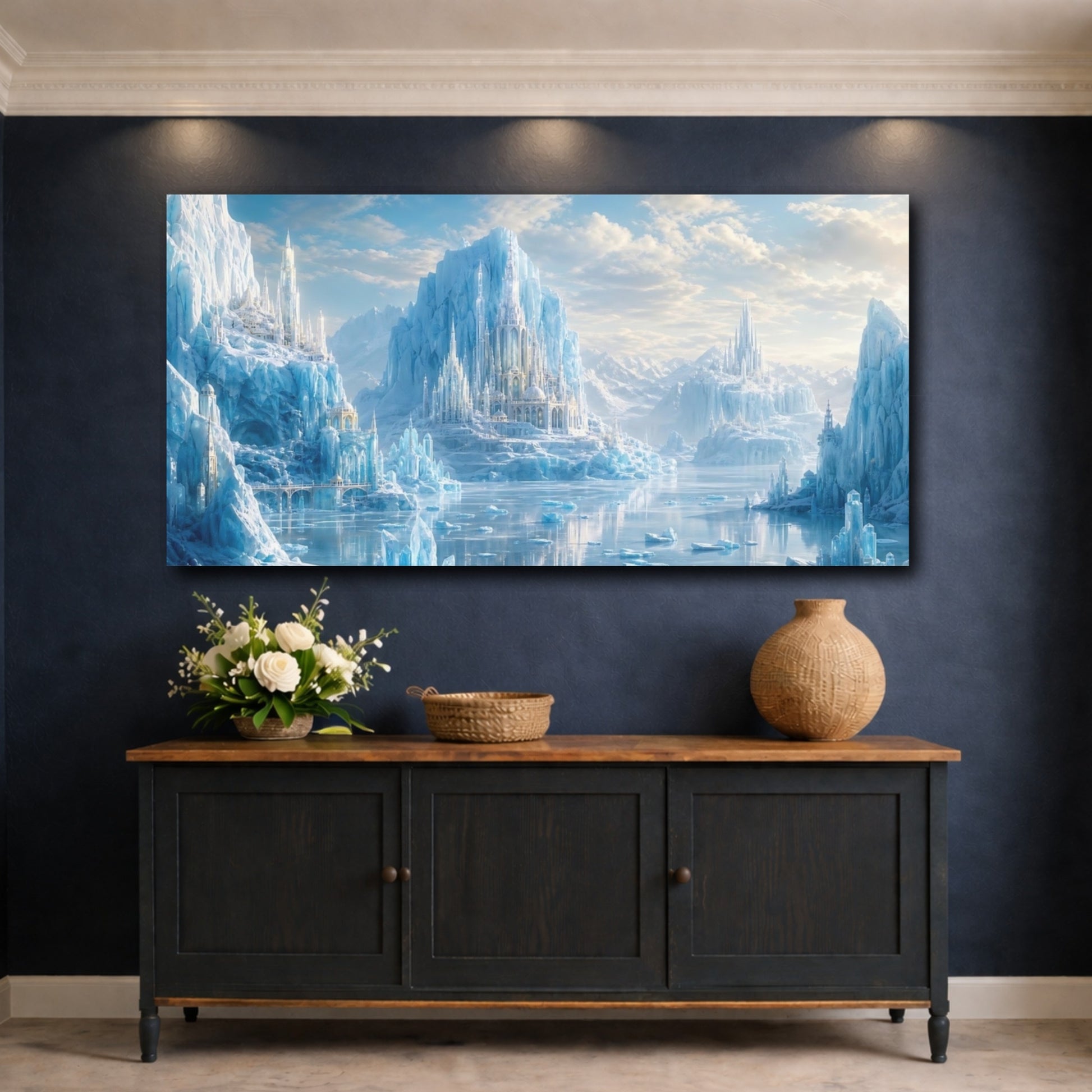 Mockup 4. Fairytale Ice Castle Blue Ice Fantasy shown as stretched canvas wall art