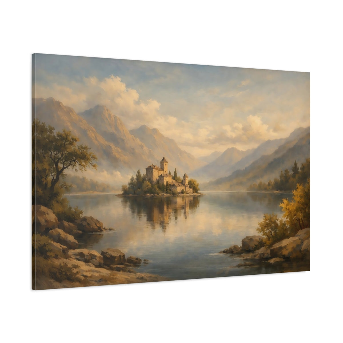 Main Mockup. Fairytale Island Castle Golden Lake Castle shown as stretched canvas wall art
