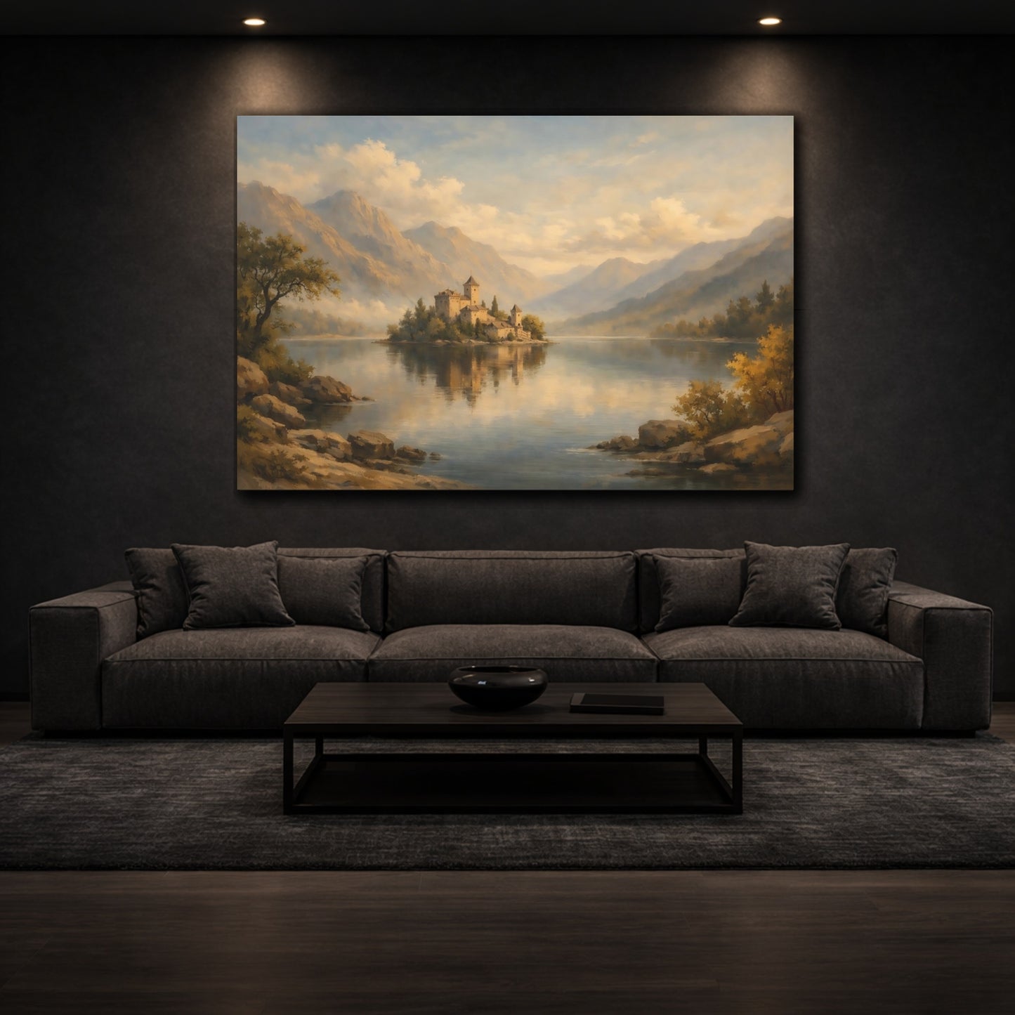 Mockup 2. Fairytale Island Castle Golden Lake Castle shown as stretched canvas wall art