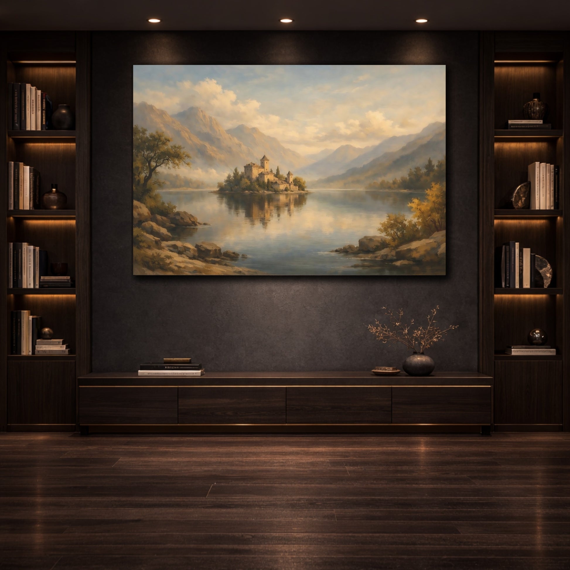 Mockup 3. Fairytale Island Castle Golden Lake Castle shown as stretched canvas wall art
