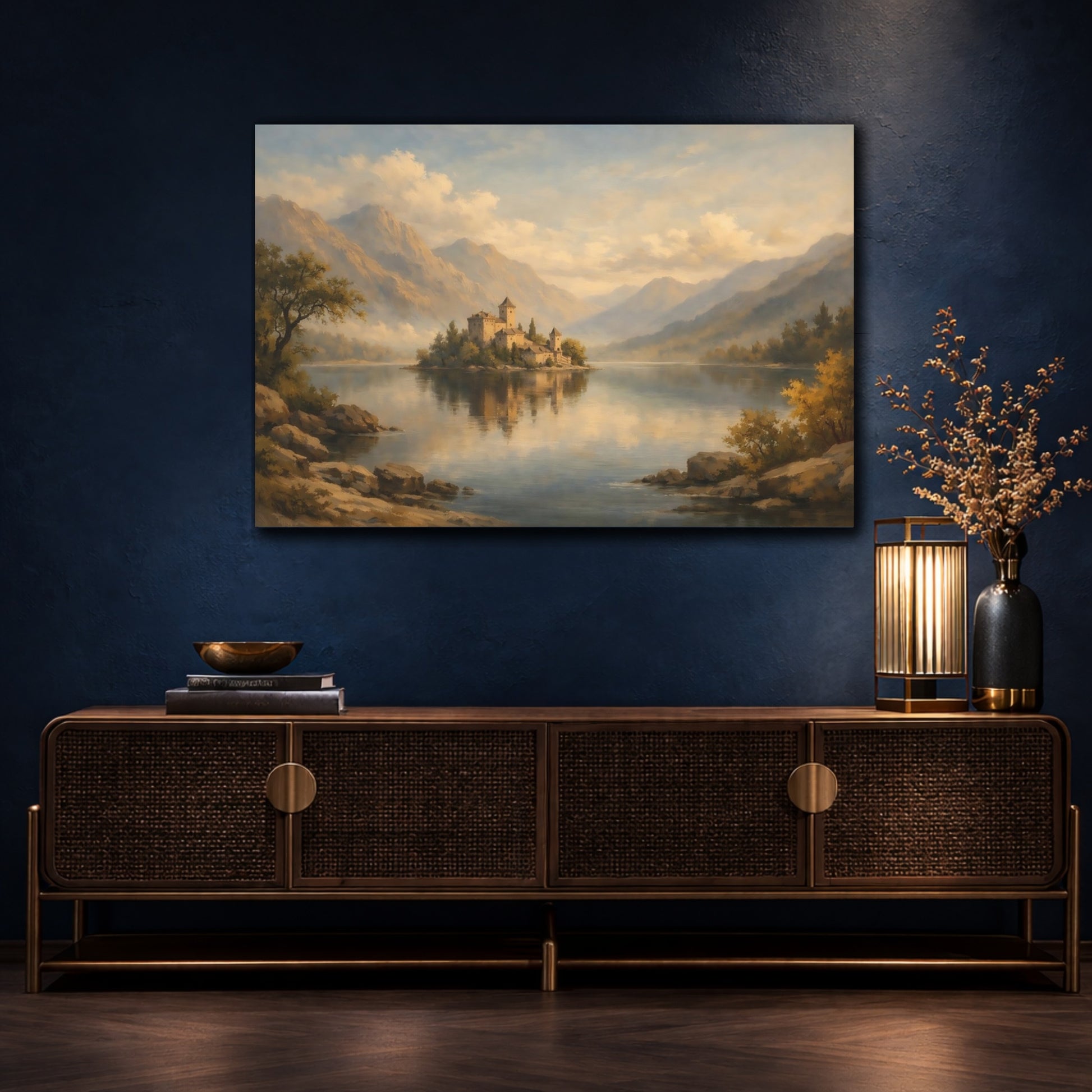 Mockup 4. Fairytale Island Castle Golden Lake Castle shown as stretched canvas wall art
