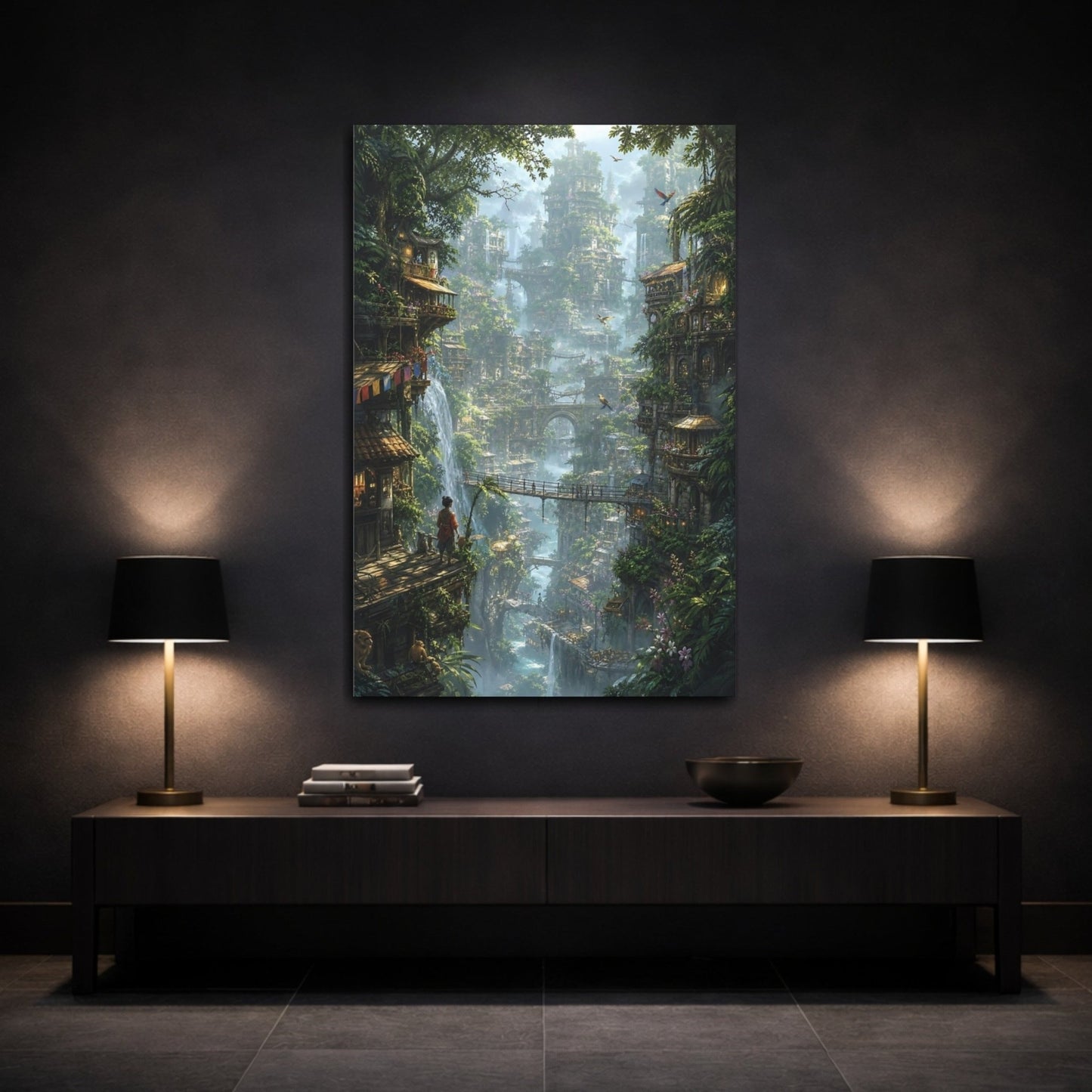 Fairytale Jungle City Green Canvas Print – Living Room, Above Couch, - YesArtYes