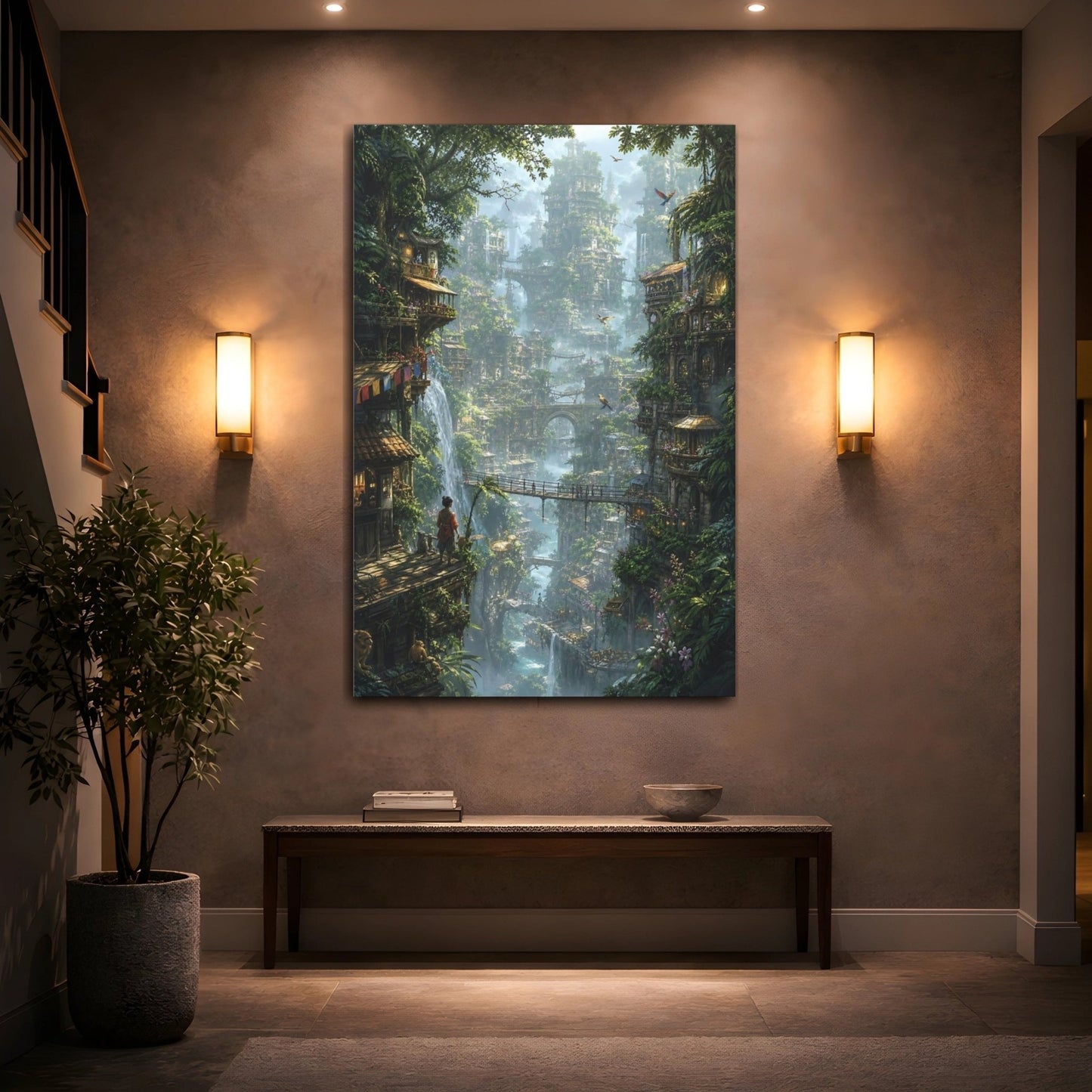 Fairytale Jungle City Green Canvas Print – Living Room, Above Couch, - YesArtYes
